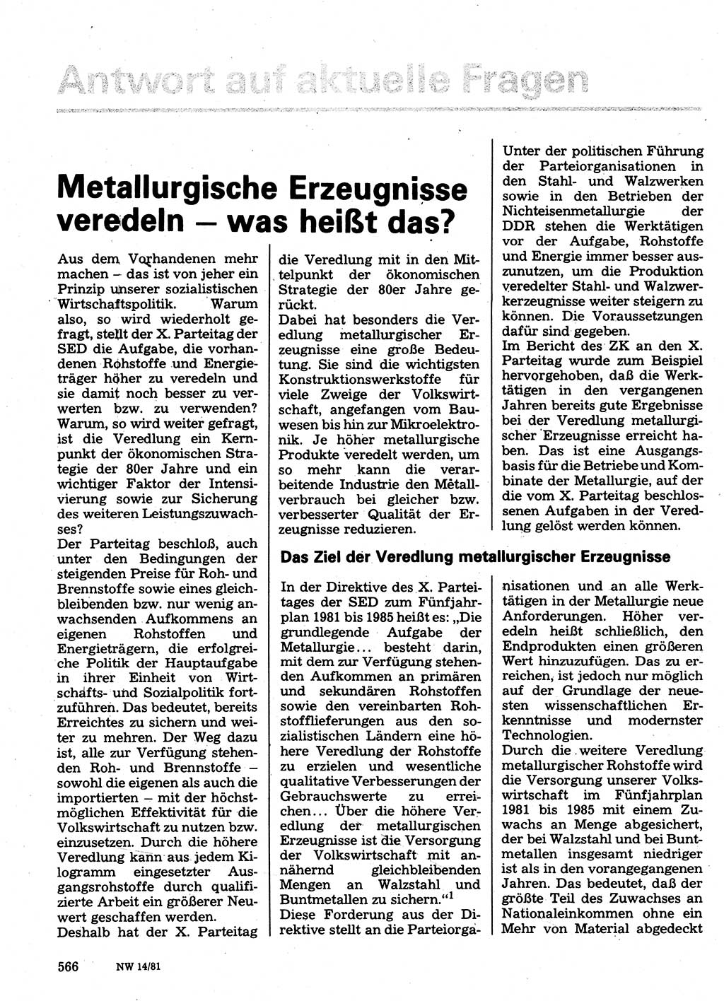 Neuer Weg (NW), Organ des Zentralkomitees (ZK) der SED (Sozialistische Einheitspartei Deutschlands) für Fragen des Parteilebens, 36. Jahrgang [Deutsche Demokratische Republik (DDR)] 1981, Seite 566 (NW ZK SED DDR 1981, S. 566)