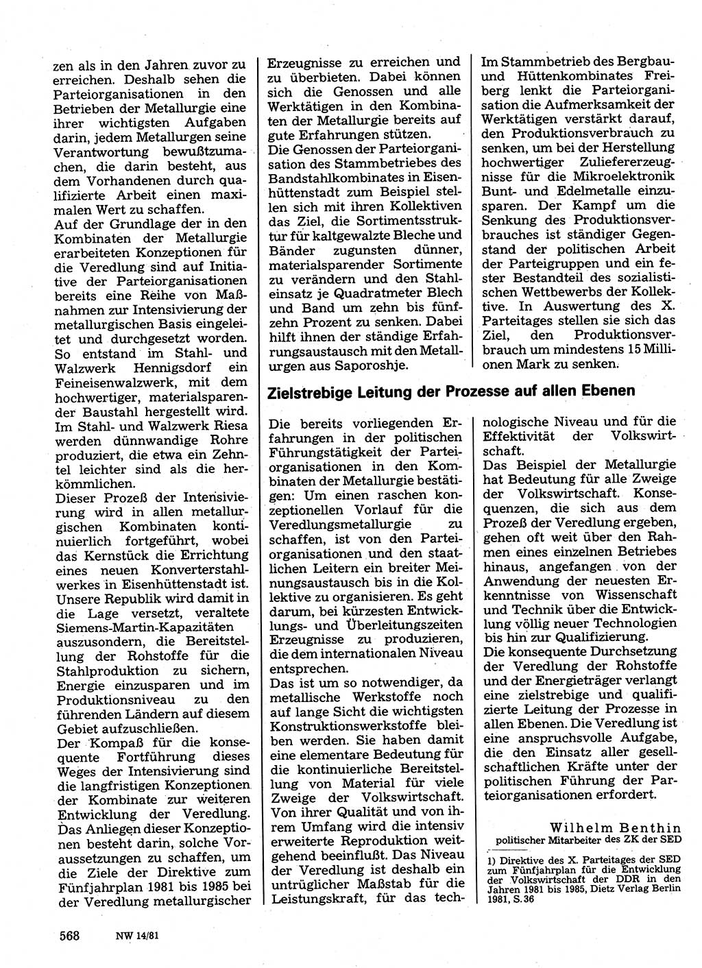 Neuer Weg (NW), Organ des Zentralkomitees (ZK) der SED (Sozialistische Einheitspartei Deutschlands) für Fragen des Parteilebens, 36. Jahrgang [Deutsche Demokratische Republik (DDR)] 1981, Seite 568 (NW ZK SED DDR 1981, S. 568)