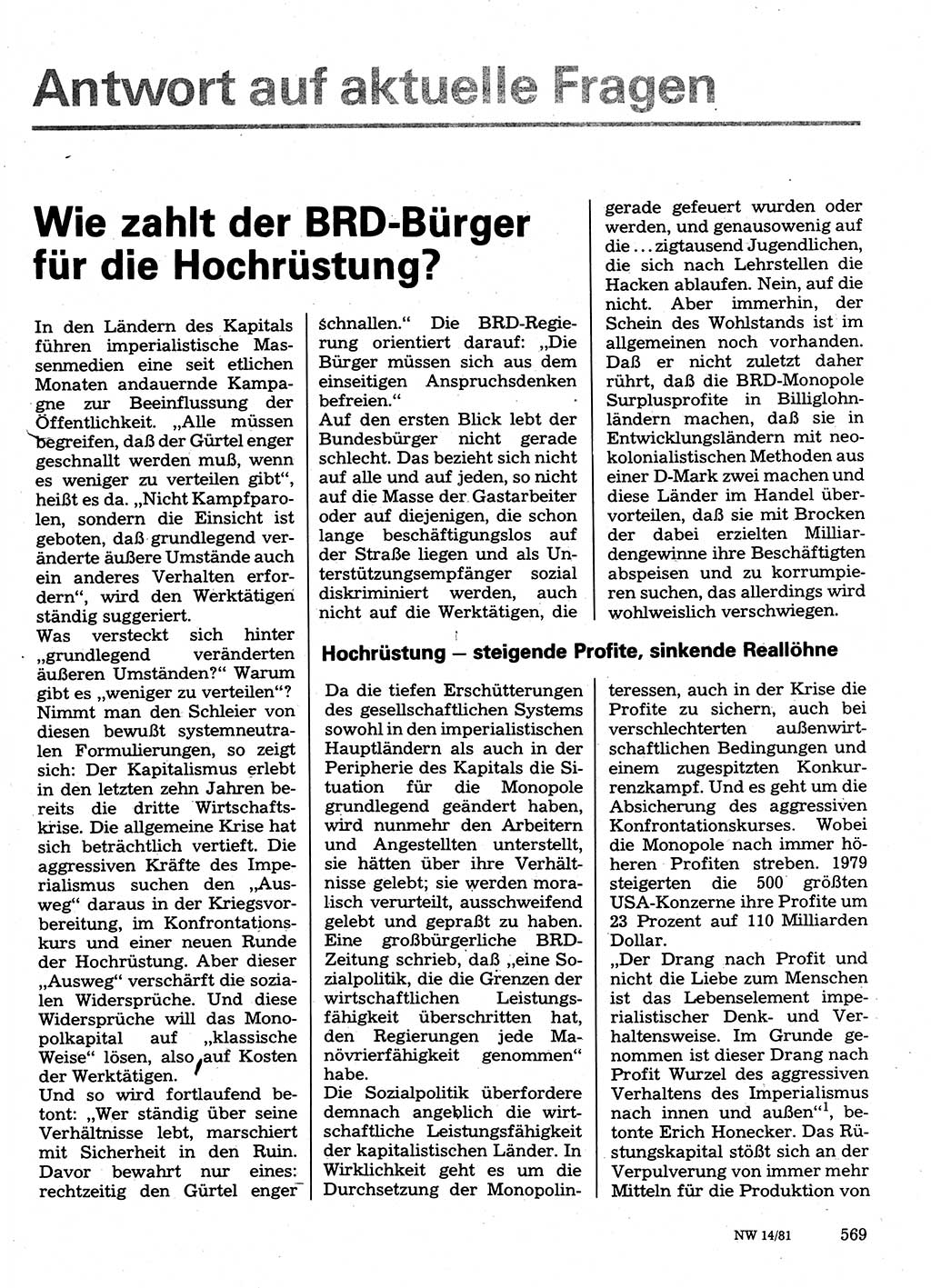 Neuer Weg (NW), Organ des Zentralkomitees (ZK) der SED (Sozialistische Einheitspartei Deutschlands) für Fragen des Parteilebens, 36. Jahrgang [Deutsche Demokratische Republik (DDR)] 1981, Seite 569 (NW ZK SED DDR 1981, S. 569)