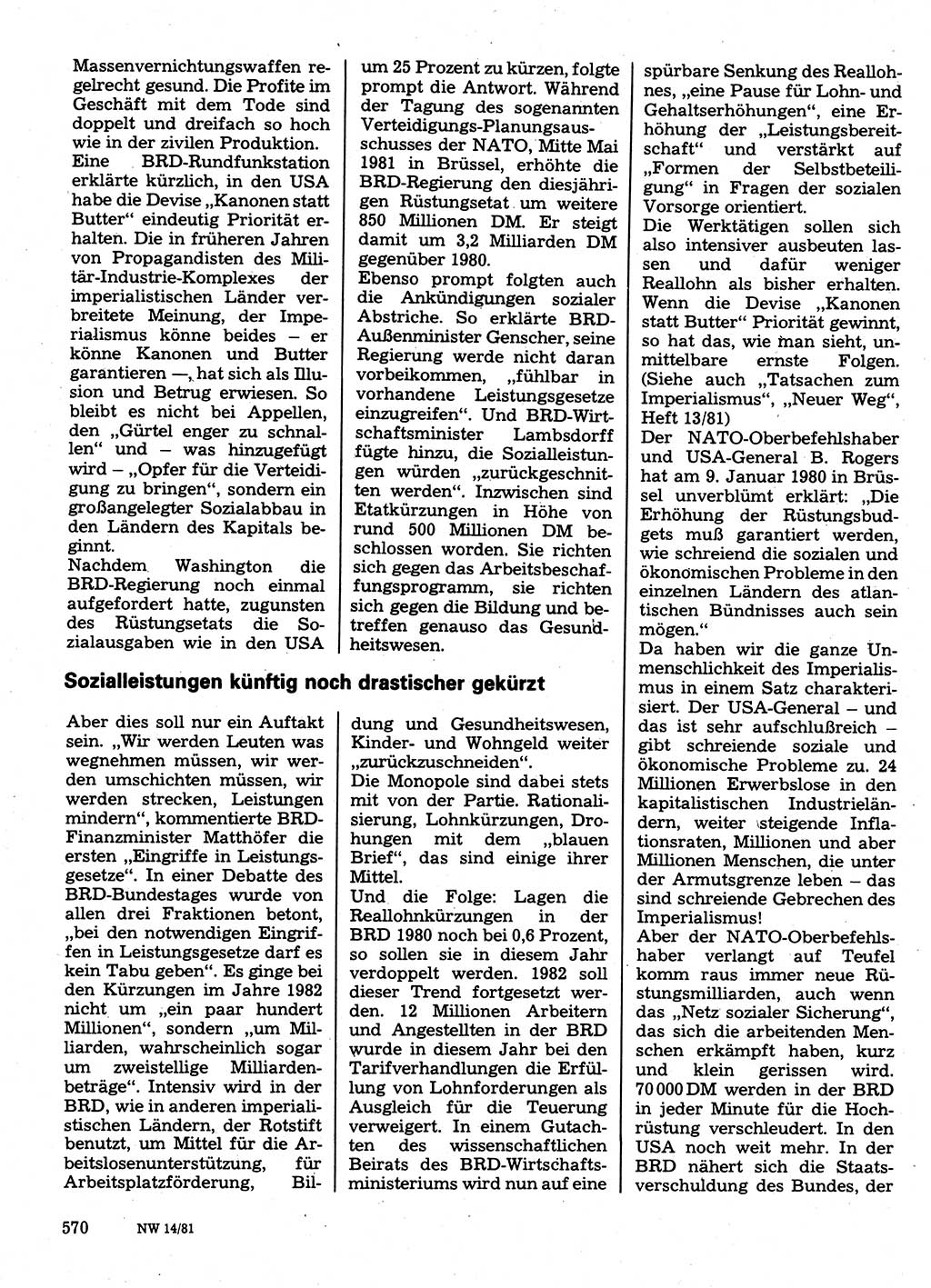 Neuer Weg (NW), Organ des Zentralkomitees (ZK) der SED (Sozialistische Einheitspartei Deutschlands) für Fragen des Parteilebens, 36. Jahrgang [Deutsche Demokratische Republik (DDR)] 1981, Seite 570 (NW ZK SED DDR 1981, S. 570)