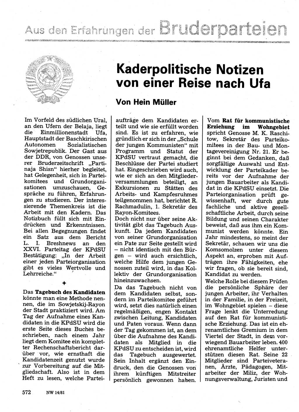 Neuer Weg (NW), Organ des Zentralkomitees (ZK) der SED (Sozialistische Einheitspartei Deutschlands) für Fragen des Parteilebens, 36. Jahrgang [Deutsche Demokratische Republik (DDR)] 1981, Seite 572 (NW ZK SED DDR 1981, S. 572)