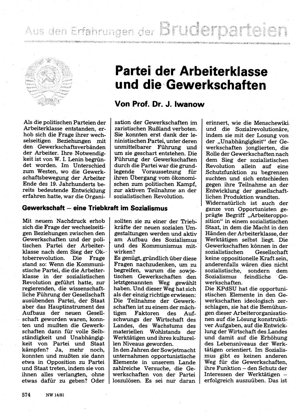 Neuer Weg (NW), Organ des Zentralkomitees (ZK) der SED (Sozialistische Einheitspartei Deutschlands) für Fragen des Parteilebens, 36. Jahrgang [Deutsche Demokratische Republik (DDR)] 1981, Seite 574 (NW ZK SED DDR 1981, S. 574)