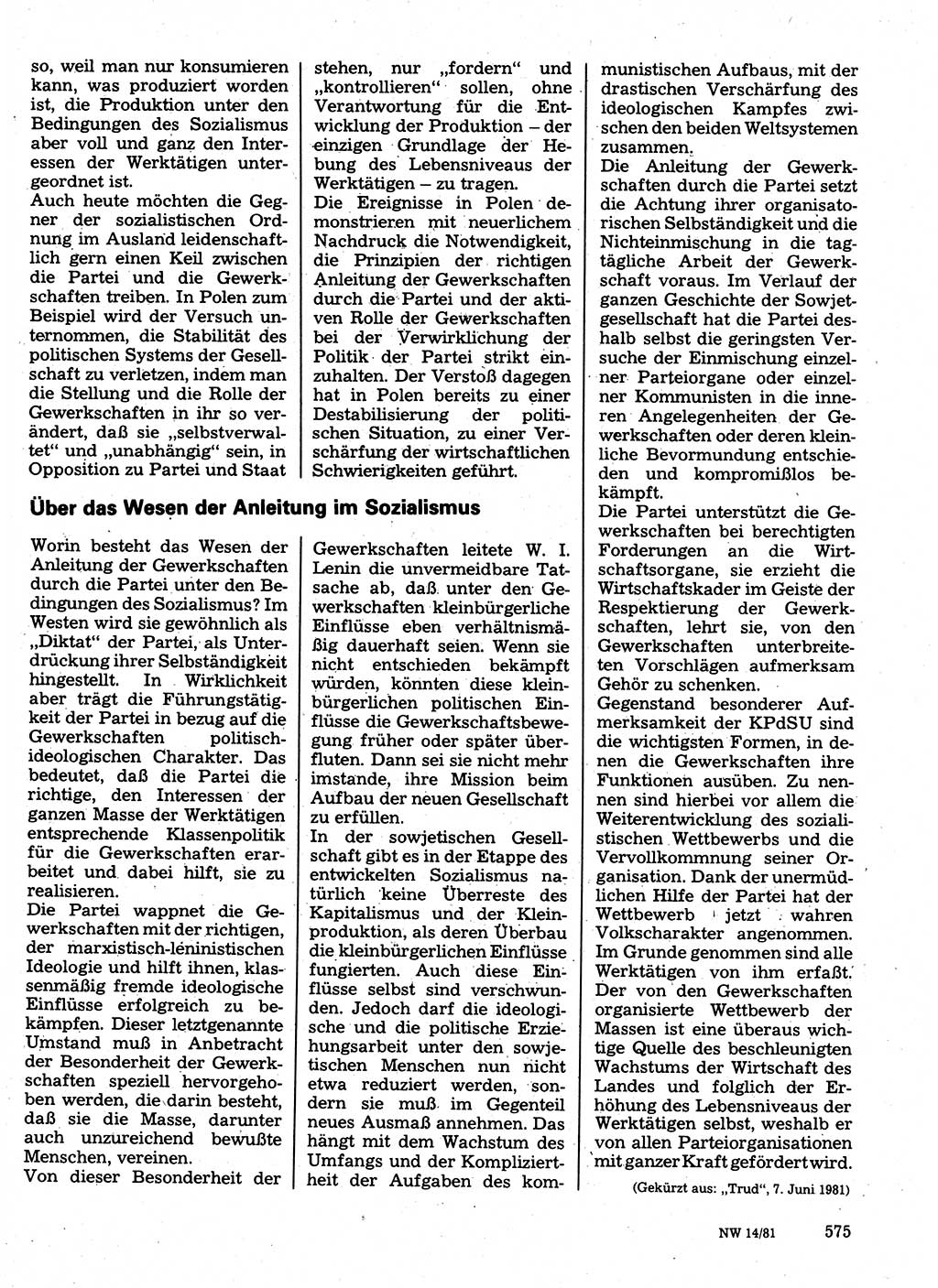 Neuer Weg (NW), Organ des Zentralkomitees (ZK) der SED (Sozialistische Einheitspartei Deutschlands) für Fragen des Parteilebens, 36. Jahrgang [Deutsche Demokratische Republik (DDR)] 1981, Seite 575 (NW ZK SED DDR 1981, S. 575)