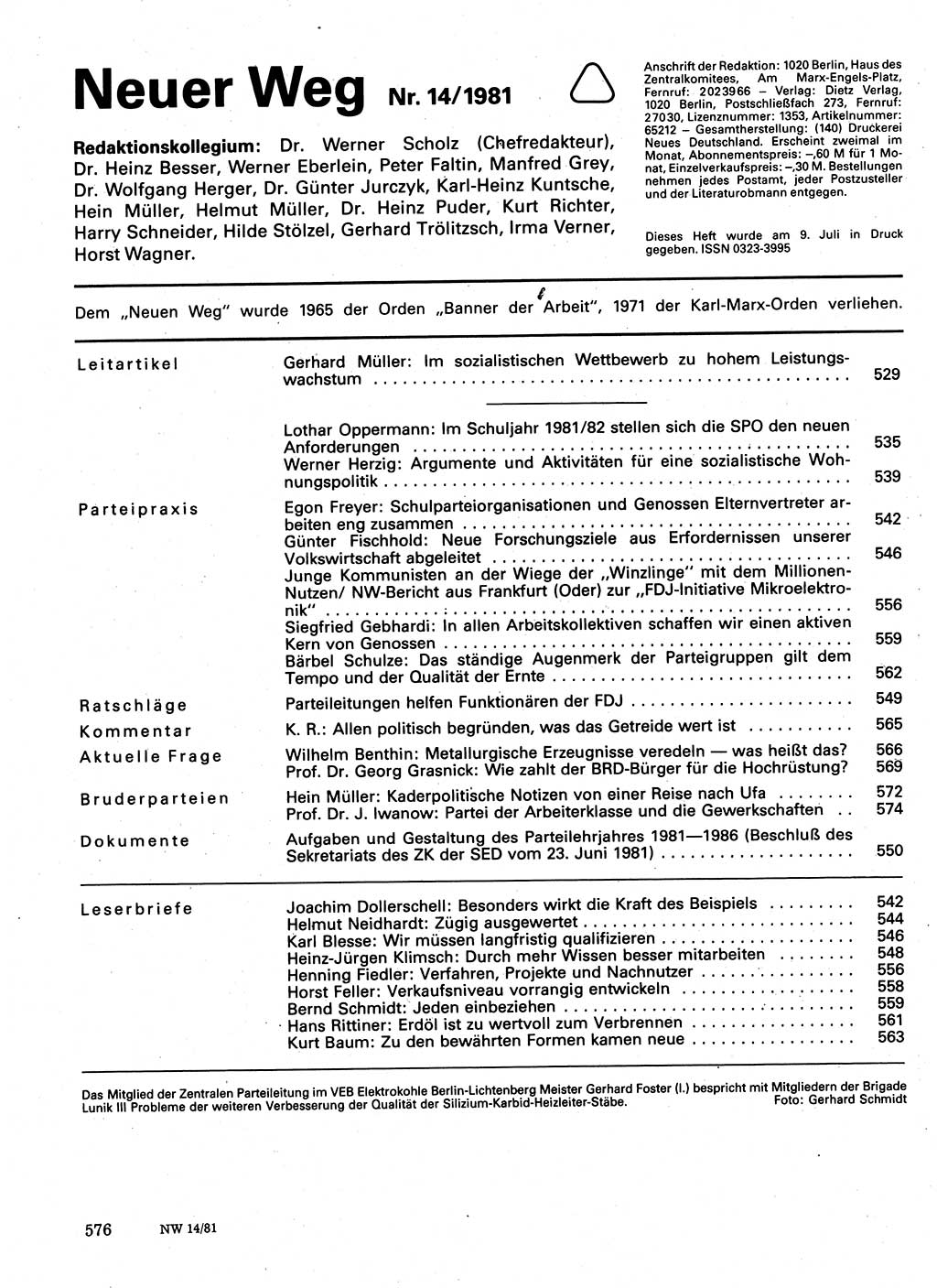 Neuer Weg (NW), Organ des Zentralkomitees (ZK) der SED (Sozialistische Einheitspartei Deutschlands) für Fragen des Parteilebens, 36. Jahrgang [Deutsche Demokratische Republik (DDR)] 1981, Seite 576 (NW ZK SED DDR 1981, S. 576)