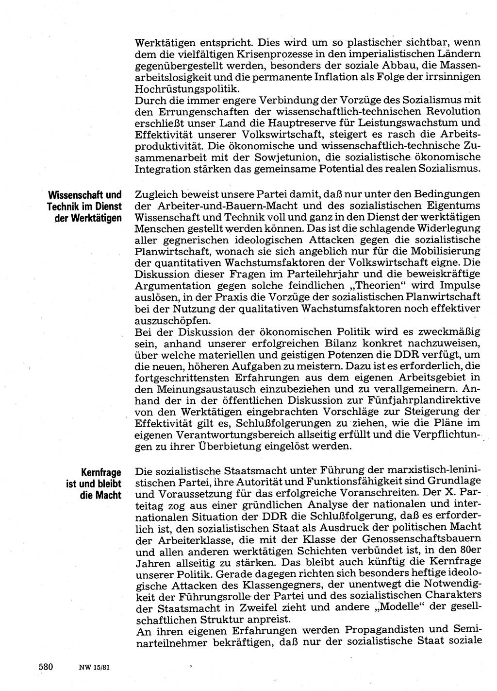 Neuer Weg (NW), Organ des Zentralkomitees (ZK) der SED (Sozialistische Einheitspartei Deutschlands) für Fragen des Parteilebens, 36. Jahrgang [Deutsche Demokratische Republik (DDR)] 1981, Seite 580 (NW ZK SED DDR 1981, S. 580)
