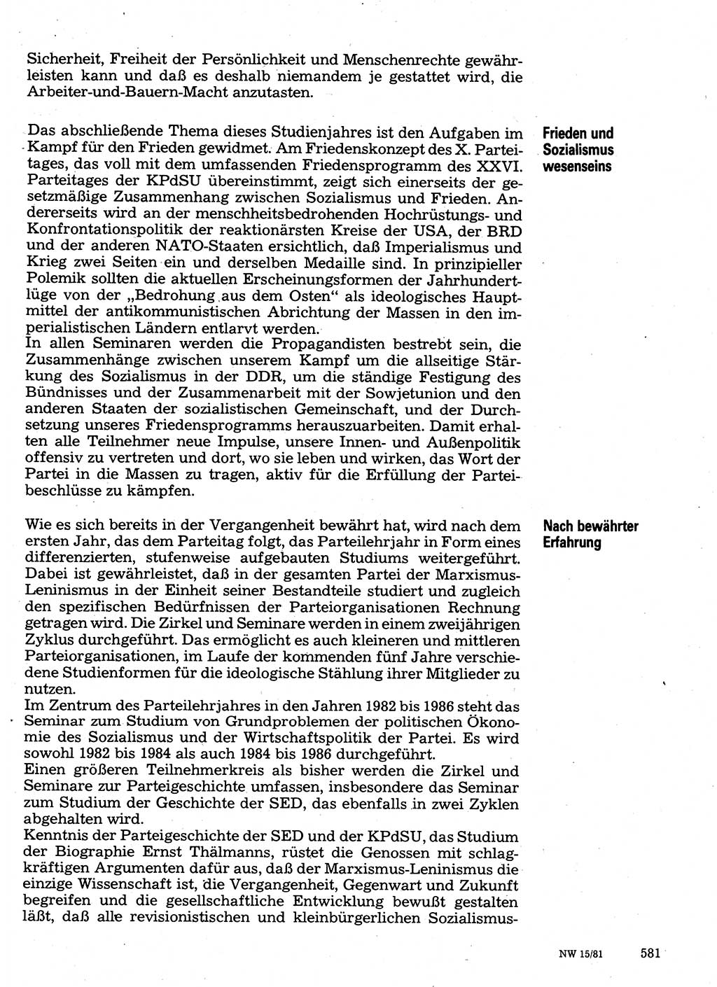 Neuer Weg (NW), Organ des Zentralkomitees (ZK) der SED (Sozialistische Einheitspartei Deutschlands) für Fragen des Parteilebens, 36. Jahrgang [Deutsche Demokratische Republik (DDR)] 1981, Seite 581 (NW ZK SED DDR 1981, S. 581)