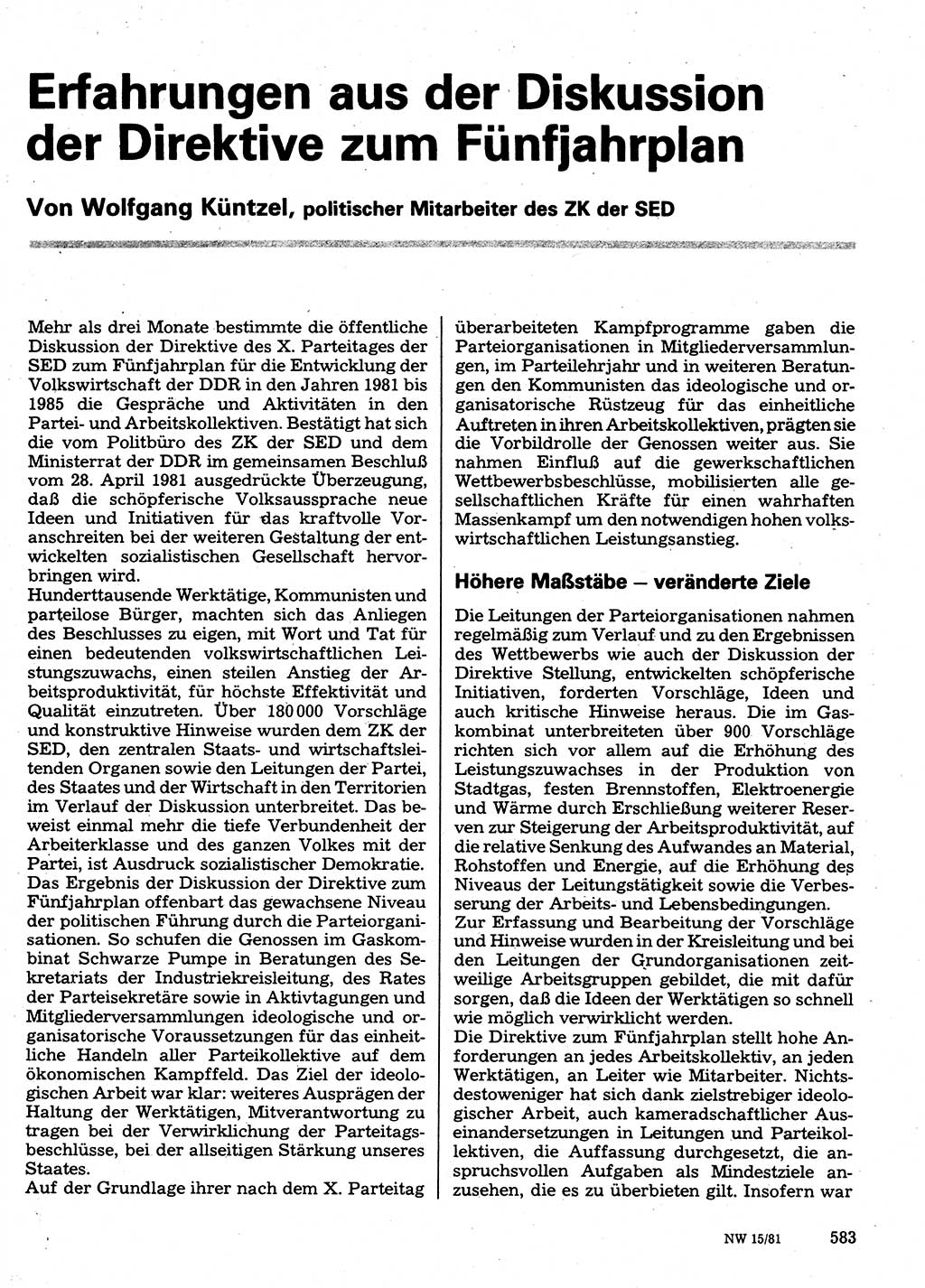Neuer Weg (NW), Organ des Zentralkomitees (ZK) der SED (Sozialistische Einheitspartei Deutschlands) für Fragen des Parteilebens, 36. Jahrgang [Deutsche Demokratische Republik (DDR)] 1981, Seite 583 (NW ZK SED DDR 1981, S. 583)