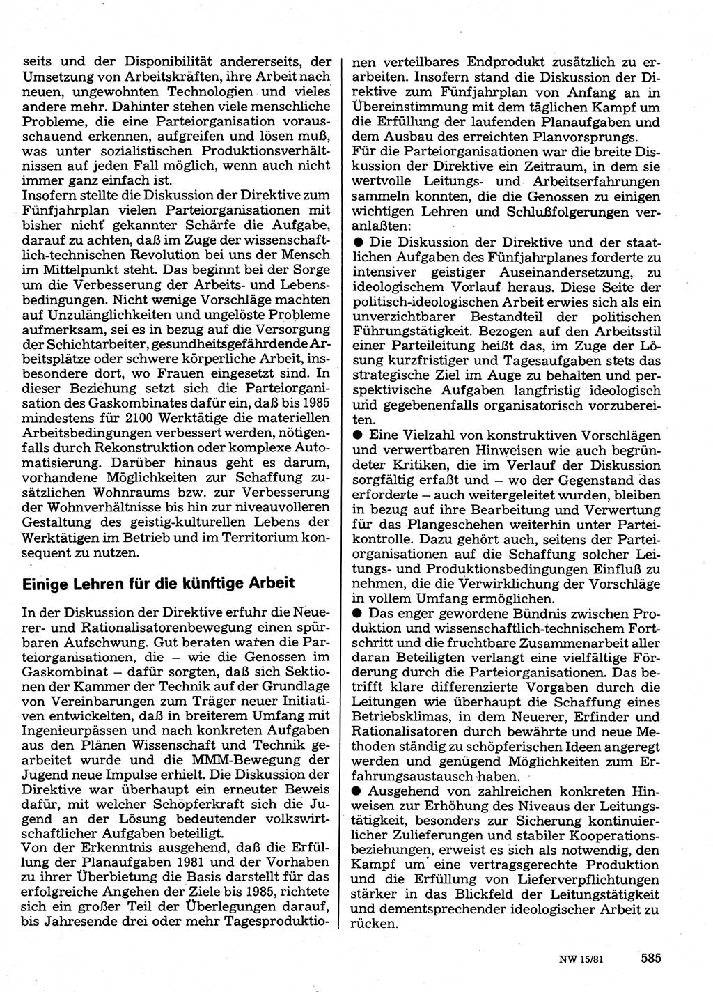 Neuer Weg (NW), Organ des Zentralkomitees (ZK) der SED (Sozialistische Einheitspartei Deutschlands) für Fragen des Parteilebens, 36. Jahrgang [Deutsche Demokratische Republik (DDR)] 1981, Seite 585 (NW ZK SED DDR 1981, S. 585)