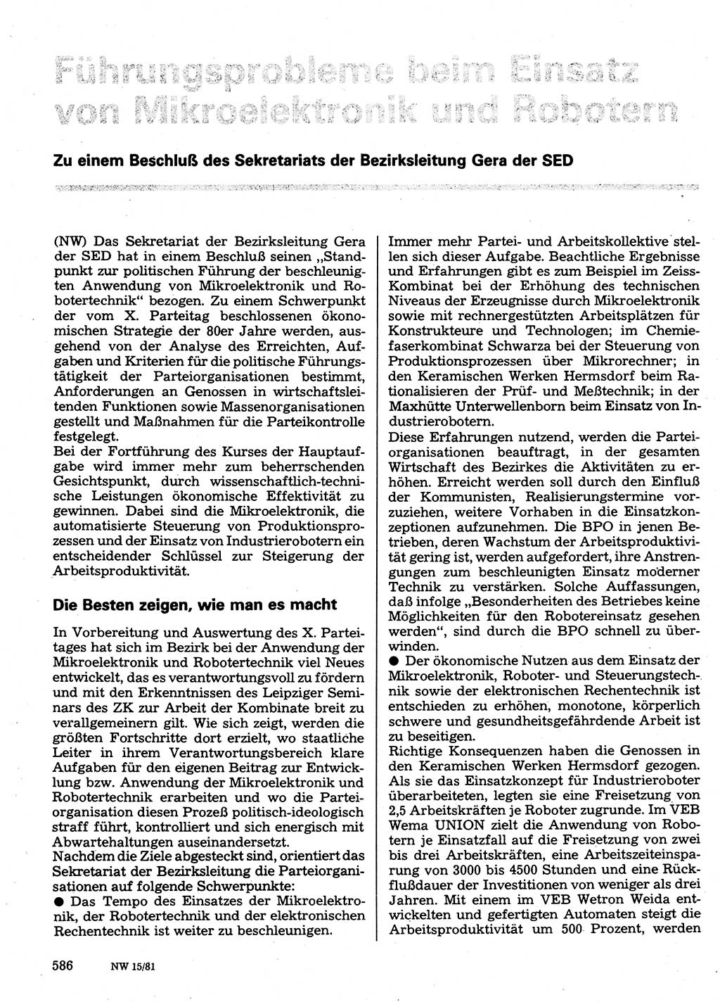 Neuer Weg (NW), Organ des Zentralkomitees (ZK) der SED (Sozialistische Einheitspartei Deutschlands) für Fragen des Parteilebens, 36. Jahrgang [Deutsche Demokratische Republik (DDR)] 1981, Seite 586 (NW ZK SED DDR 1981, S. 586)