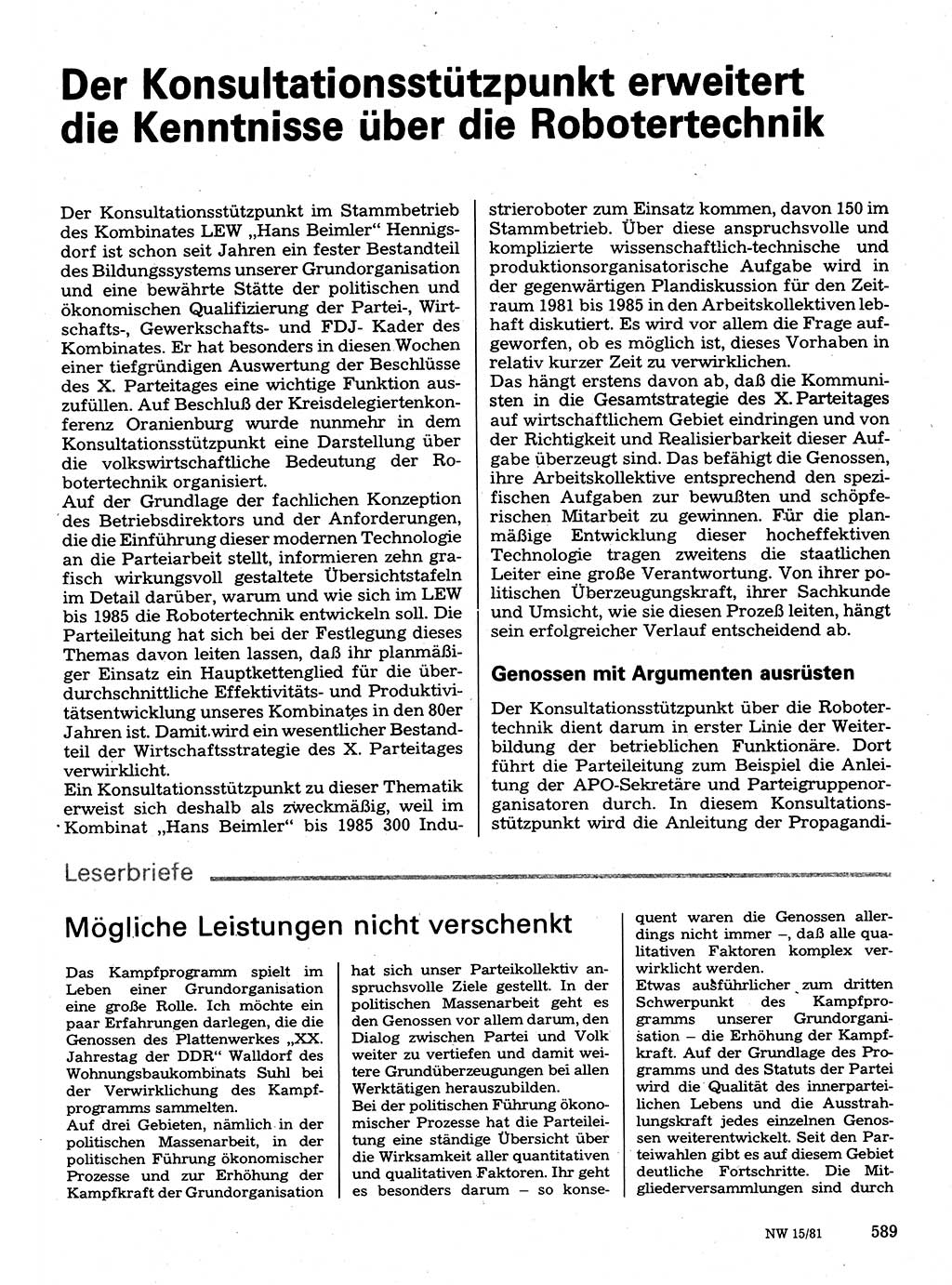 Neuer Weg (NW), Organ des Zentralkomitees (ZK) der SED (Sozialistische Einheitspartei Deutschlands) für Fragen des Parteilebens, 36. Jahrgang [Deutsche Demokratische Republik (DDR)] 1981, Seite 589 (NW ZK SED DDR 1981, S. 589)