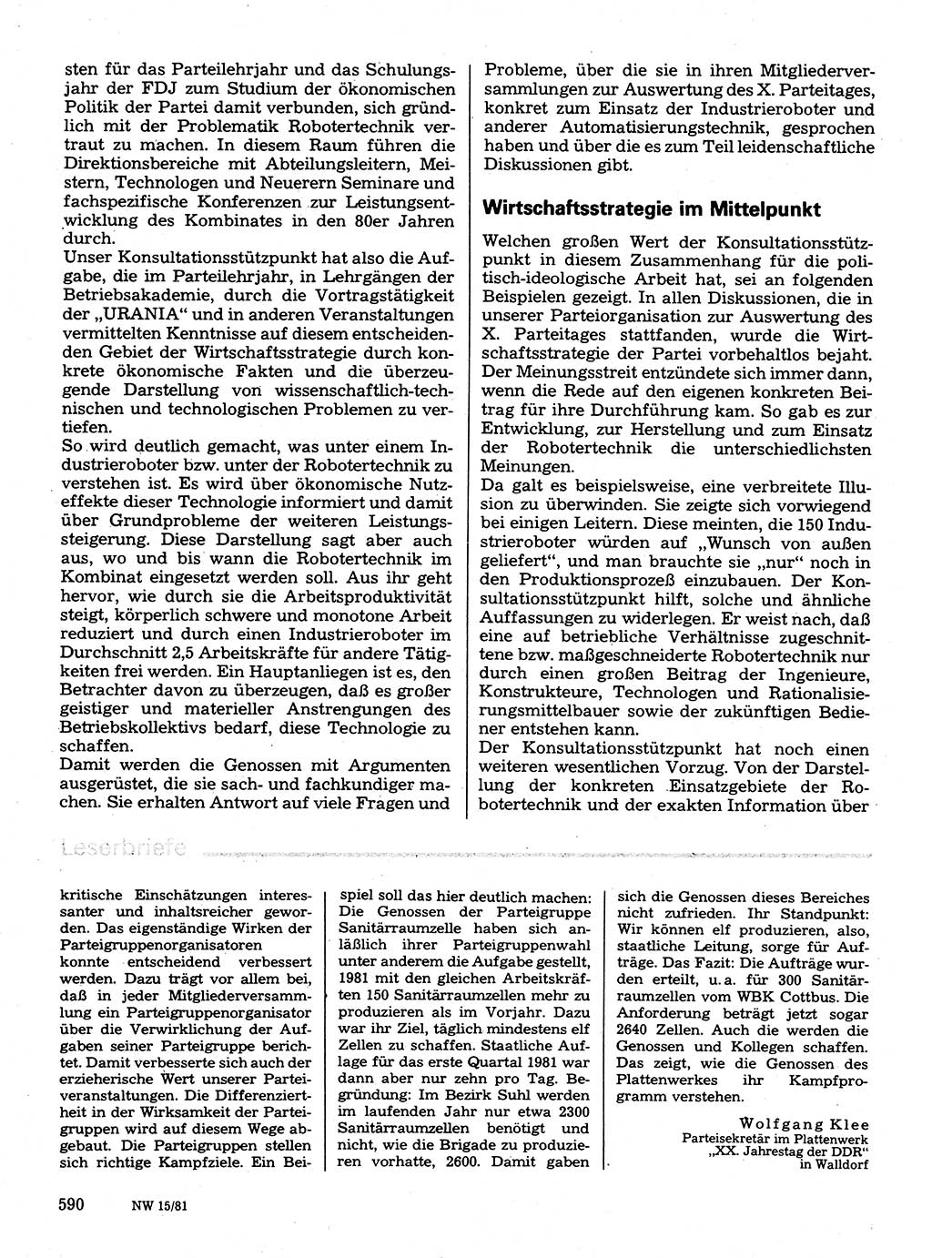 Neuer Weg (NW), Organ des Zentralkomitees (ZK) der SED (Sozialistische Einheitspartei Deutschlands) für Fragen des Parteilebens, 36. Jahrgang [Deutsche Demokratische Republik (DDR)] 1981, Seite 590 (NW ZK SED DDR 1981, S. 590)