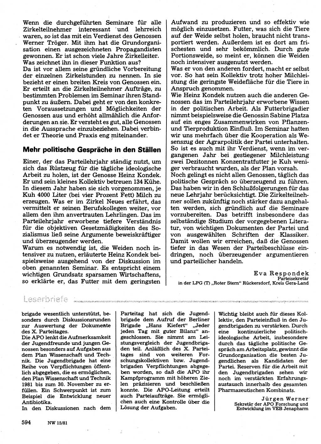 Neuer Weg (NW), Organ des Zentralkomitees (ZK) der SED (Sozialistische Einheitspartei Deutschlands) für Fragen des Parteilebens, 36. Jahrgang [Deutsche Demokratische Republik (DDR)] 1981, Seite 594 (NW ZK SED DDR 1981, S. 594)