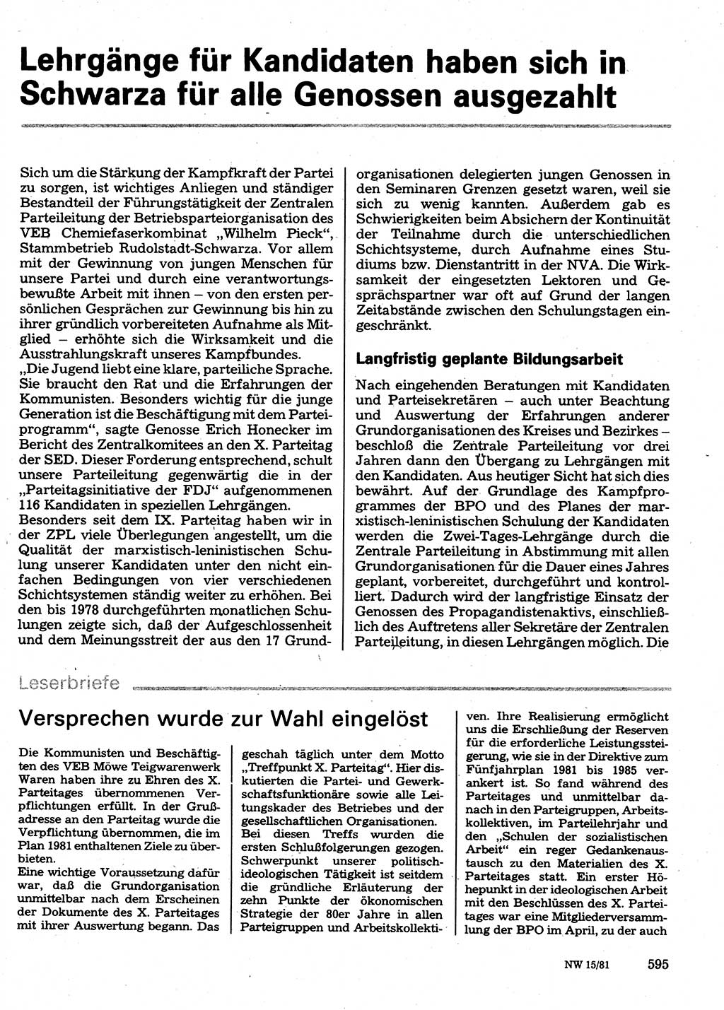 Neuer Weg (NW), Organ des Zentralkomitees (ZK) der SED (Sozialistische Einheitspartei Deutschlands) für Fragen des Parteilebens, 36. Jahrgang [Deutsche Demokratische Republik (DDR)] 1981, Seite 595 (NW ZK SED DDR 1981, S. 595)