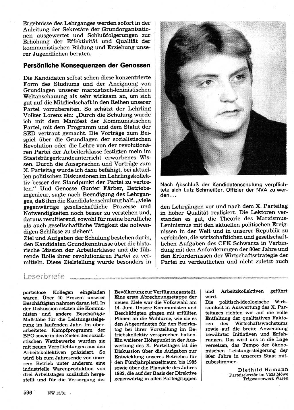 Neuer Weg (NW), Organ des Zentralkomitees (ZK) der SED (Sozialistische Einheitspartei Deutschlands) für Fragen des Parteilebens, 36. Jahrgang [Deutsche Demokratische Republik (DDR)] 1981, Seite 596 (NW ZK SED DDR 1981, S. 596)