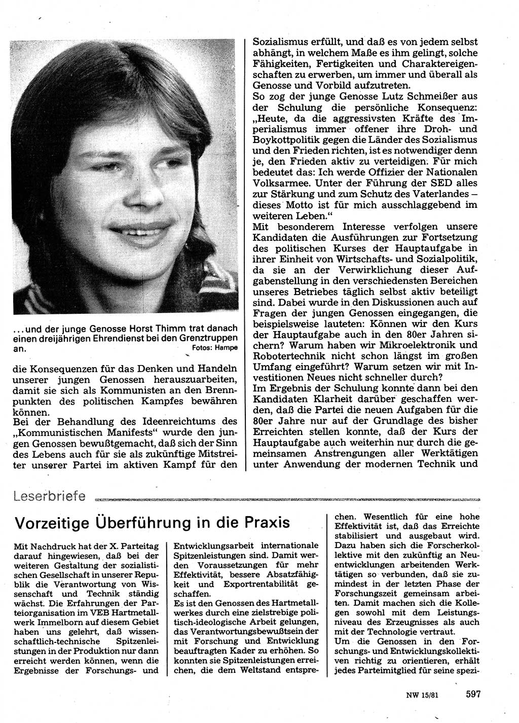 Neuer Weg (NW), Organ des Zentralkomitees (ZK) der SED (Sozialistische Einheitspartei Deutschlands) für Fragen des Parteilebens, 36. Jahrgang [Deutsche Demokratische Republik (DDR)] 1981, Seite 597 (NW ZK SED DDR 1981, S. 597)