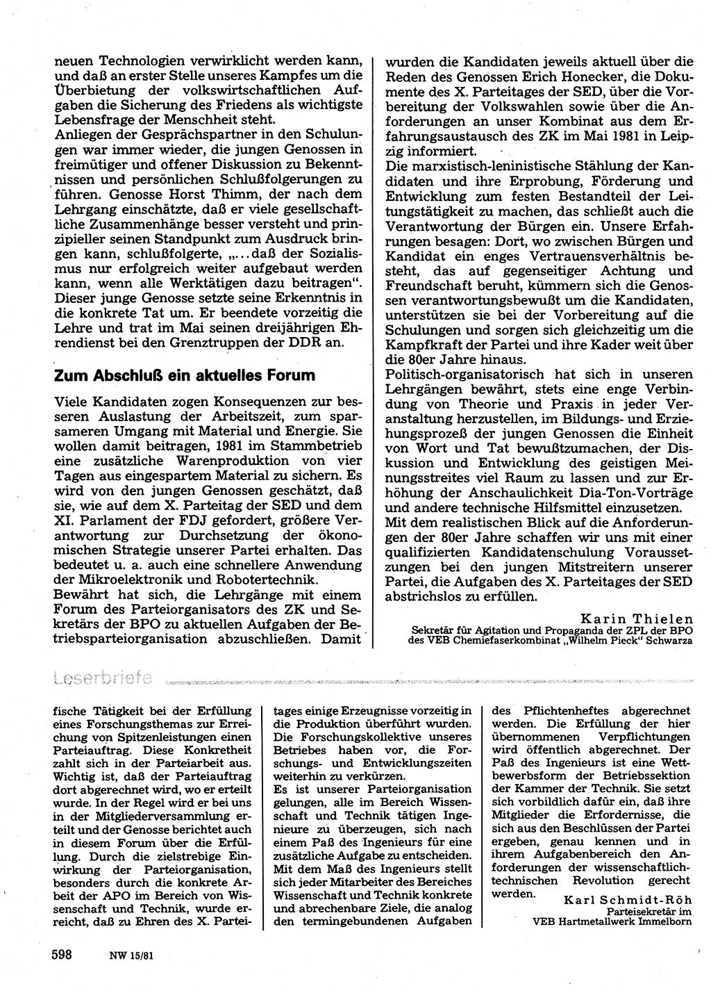 Neuer Weg (NW), Organ des Zentralkomitees (ZK) der SED (Sozialistische Einheitspartei Deutschlands) für Fragen des Parteilebens, 36. Jahrgang [Deutsche Demokratische Republik (DDR)] 1981, Seite 598 (NW ZK SED DDR 1981, S. 598)