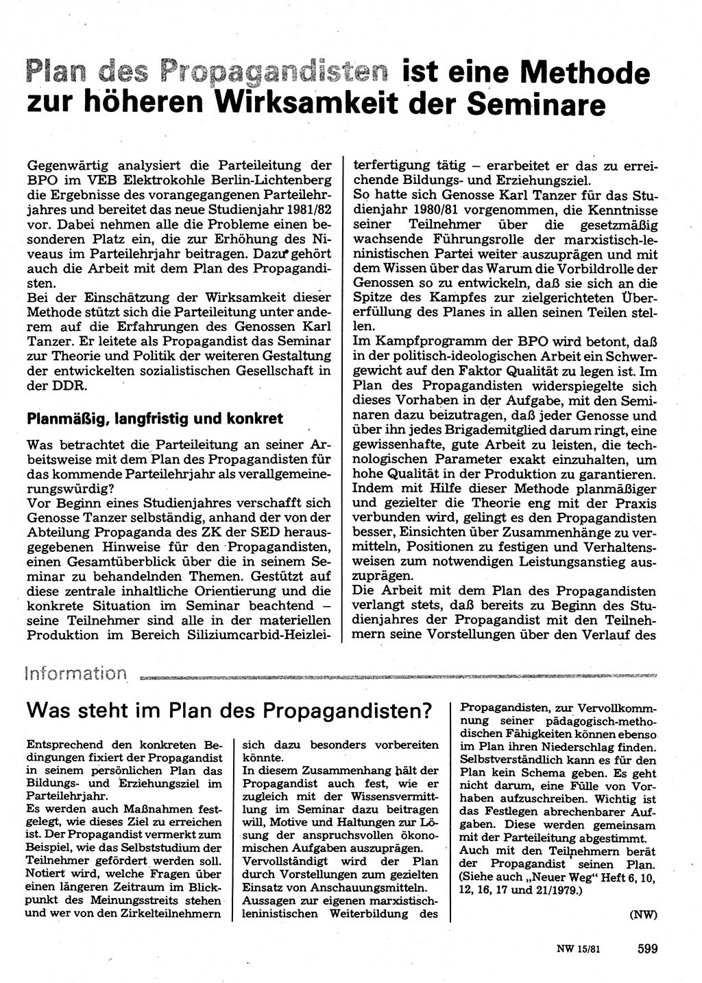 Neuer Weg (NW), Organ des Zentralkomitees (ZK) der SED (Sozialistische Einheitspartei Deutschlands) für Fragen des Parteilebens, 36. Jahrgang [Deutsche Demokratische Republik (DDR)] 1981, Seite 599 (NW ZK SED DDR 1981, S. 599)