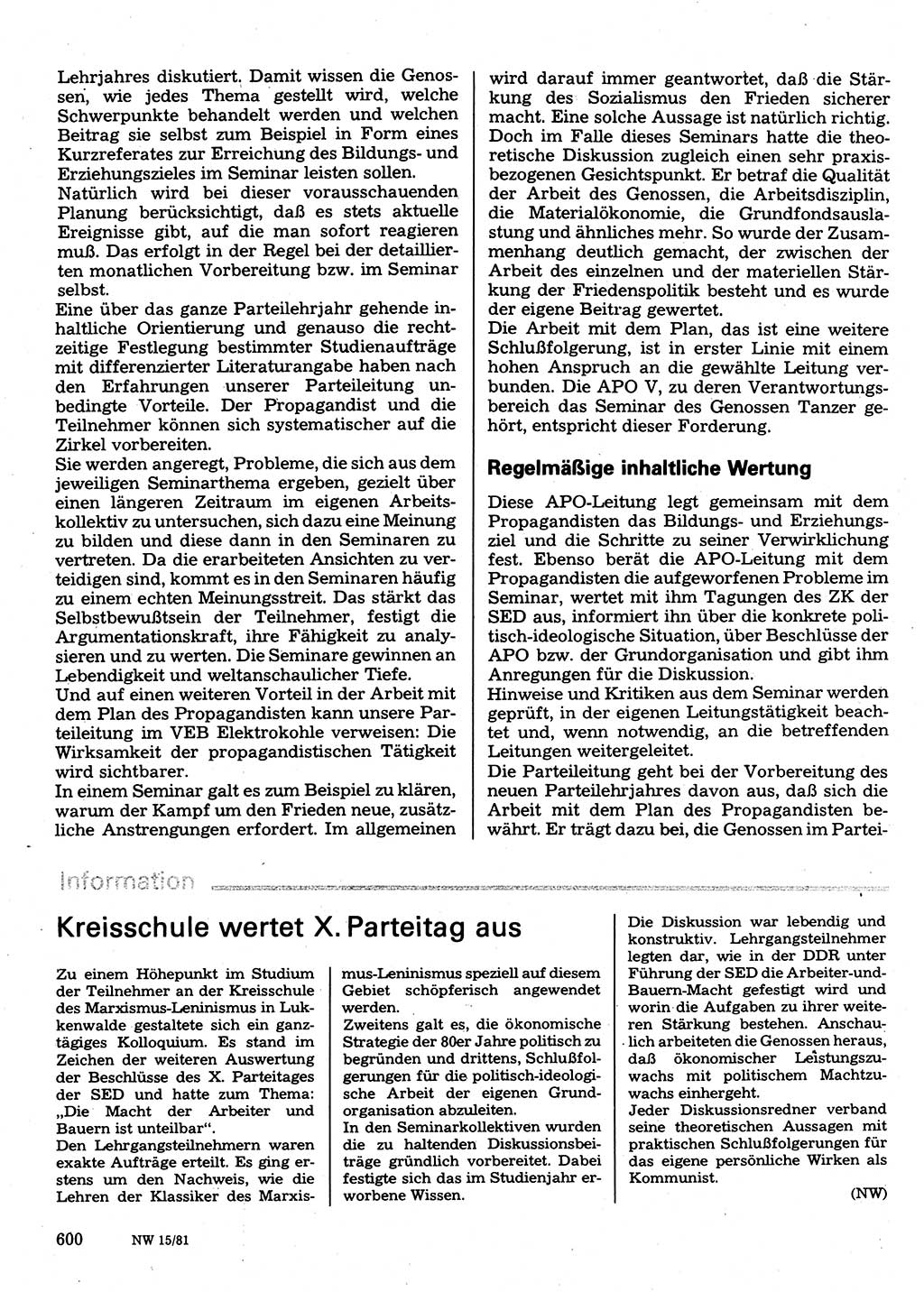 Neuer Weg (NW), Organ des Zentralkomitees (ZK) der SED (Sozialistische Einheitspartei Deutschlands) für Fragen des Parteilebens, 36. Jahrgang [Deutsche Demokratische Republik (DDR)] 1981, Seite 600 (NW ZK SED DDR 1981, S. 600)