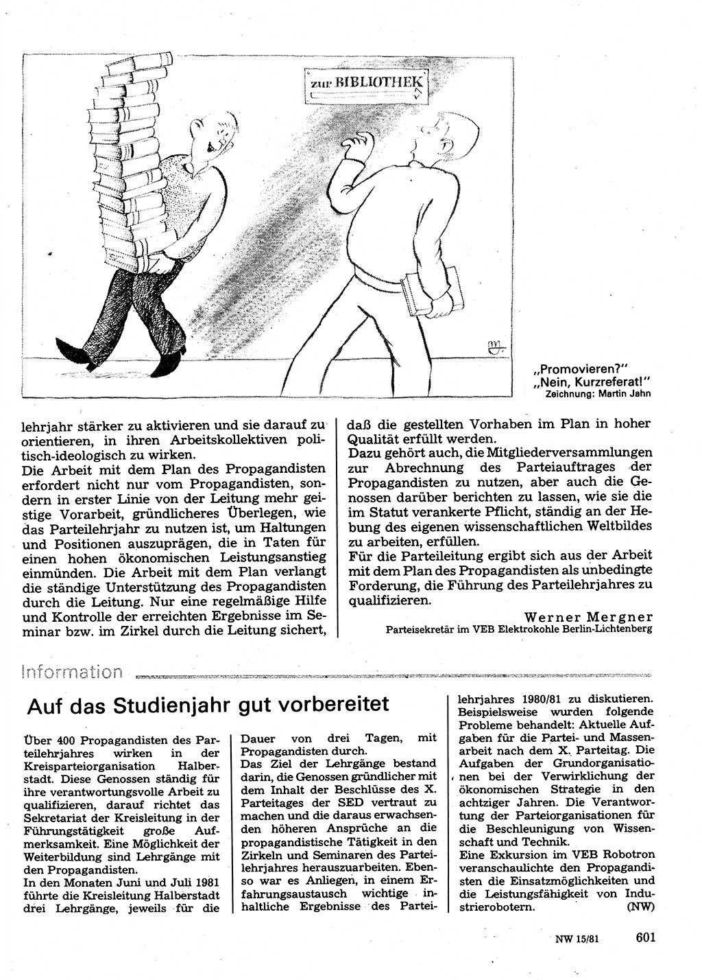 Neuer Weg (NW), Organ des Zentralkomitees (ZK) der SED (Sozialistische Einheitspartei Deutschlands) für Fragen des Parteilebens, 36. Jahrgang [Deutsche Demokratische Republik (DDR)] 1981, Seite 601 (NW ZK SED DDR 1981, S. 601)