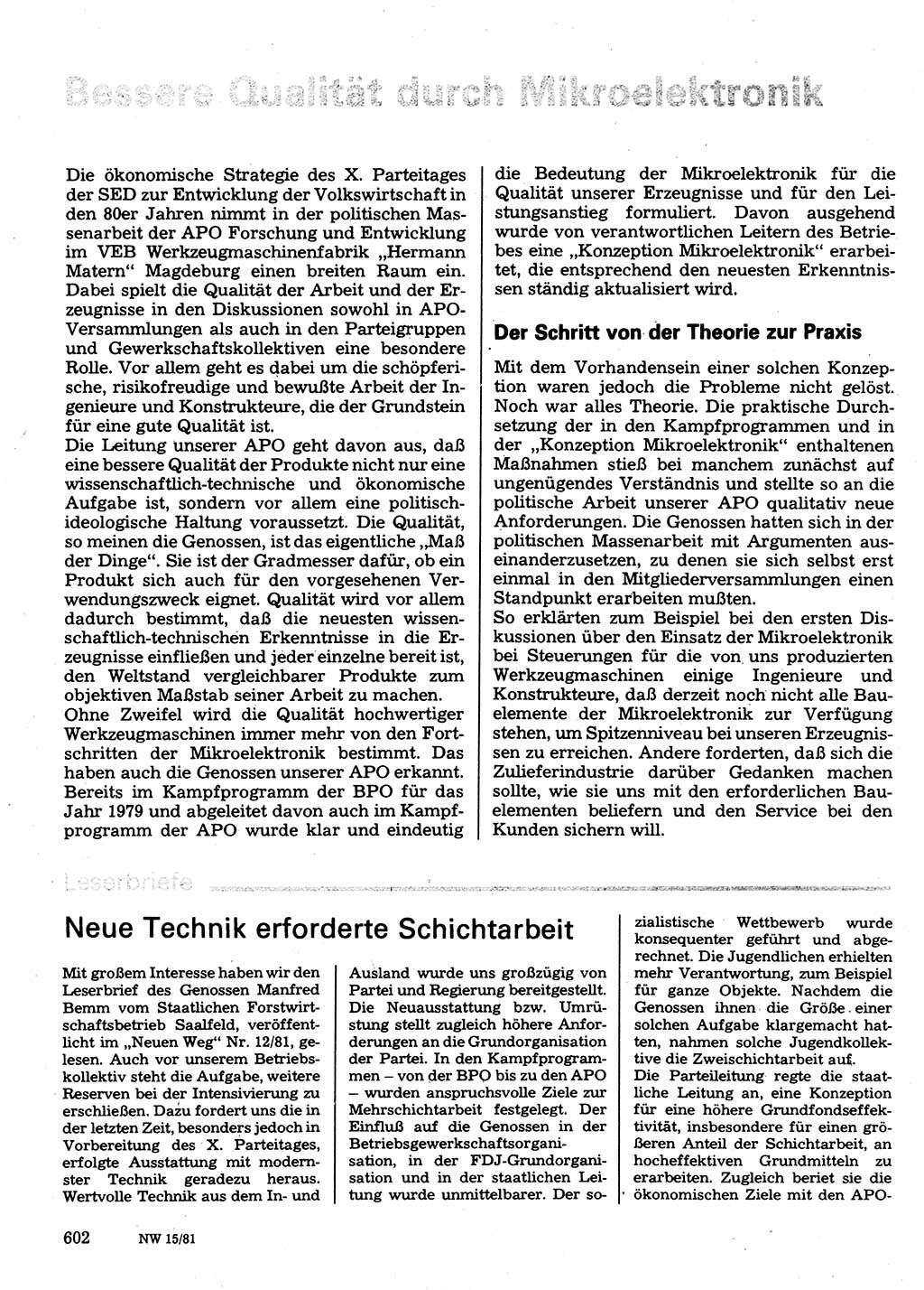 Neuer Weg (NW), Organ des Zentralkomitees (ZK) der SED (Sozialistische Einheitspartei Deutschlands) für Fragen des Parteilebens, 36. Jahrgang [Deutsche Demokratische Republik (DDR)] 1981, Seite 602 (NW ZK SED DDR 1981, S. 602)