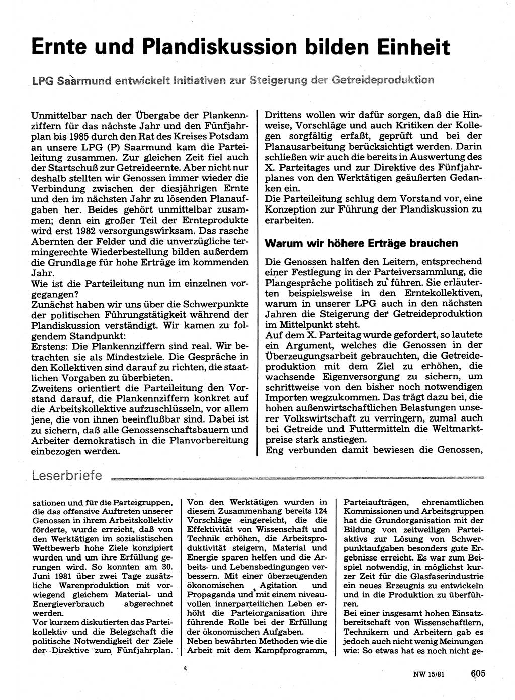 Neuer Weg (NW), Organ des Zentralkomitees (ZK) der SED (Sozialistische Einheitspartei Deutschlands) für Fragen des Parteilebens, 36. Jahrgang [Deutsche Demokratische Republik (DDR)] 1981, Seite 605 (NW ZK SED DDR 1981, S. 605)