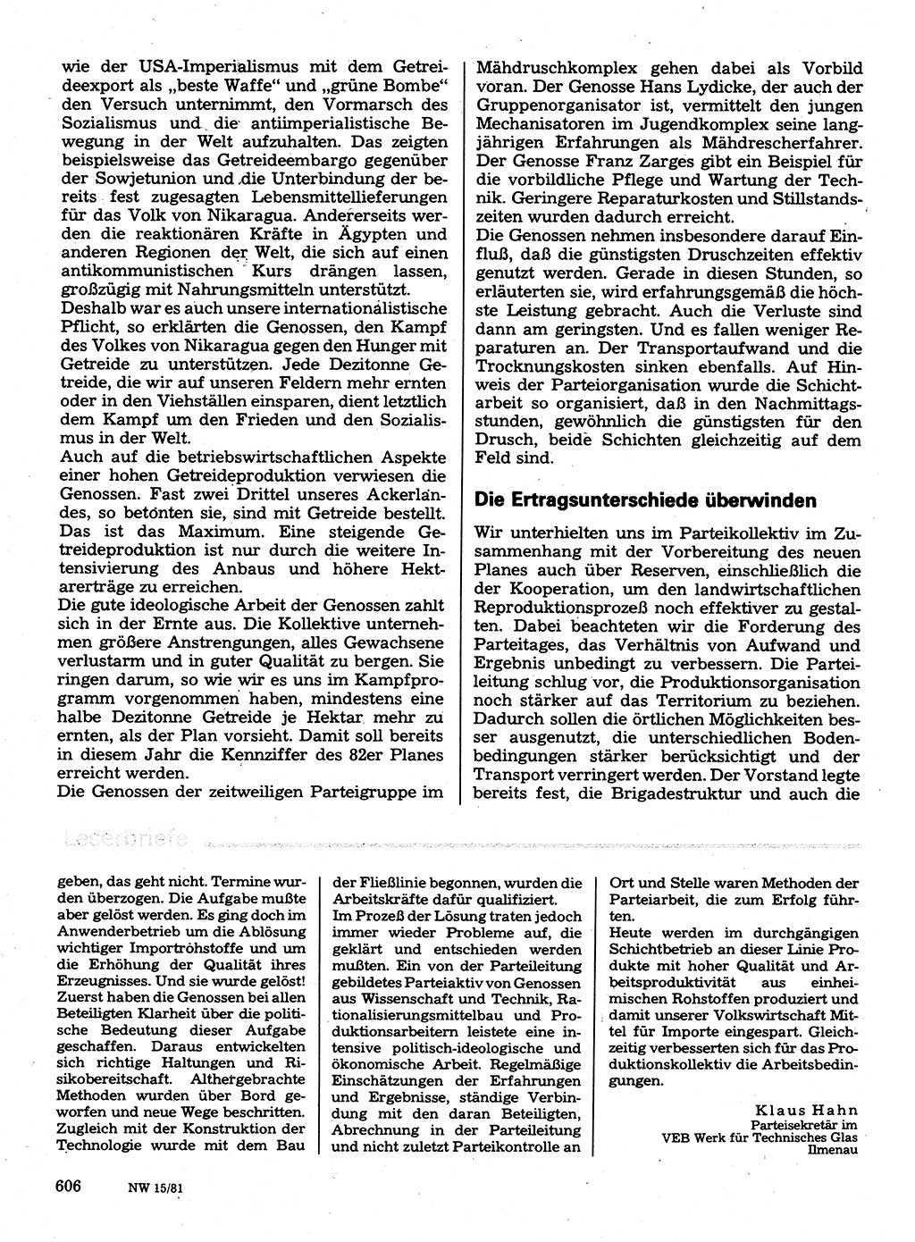 Neuer Weg (NW), Organ des Zentralkomitees (ZK) der SED (Sozialistische Einheitspartei Deutschlands) für Fragen des Parteilebens, 36. Jahrgang [Deutsche Demokratische Republik (DDR)] 1981, Seite 606 (NW ZK SED DDR 1981, S. 606)