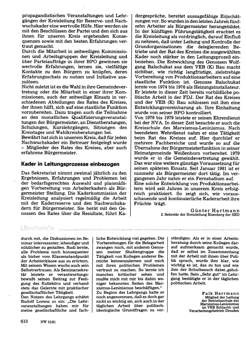 Neuer Weg (NW), Organ des Zentralkomitees (ZK) der SED (Sozialistische Einheitspartei Deutschlands) für Fragen des Parteilebens, 36. Jahrgang [Deutsche Demokratische Republik (DDR)] 1981, Seite 610 (NW ZK SED DDR 1981, S. 610)