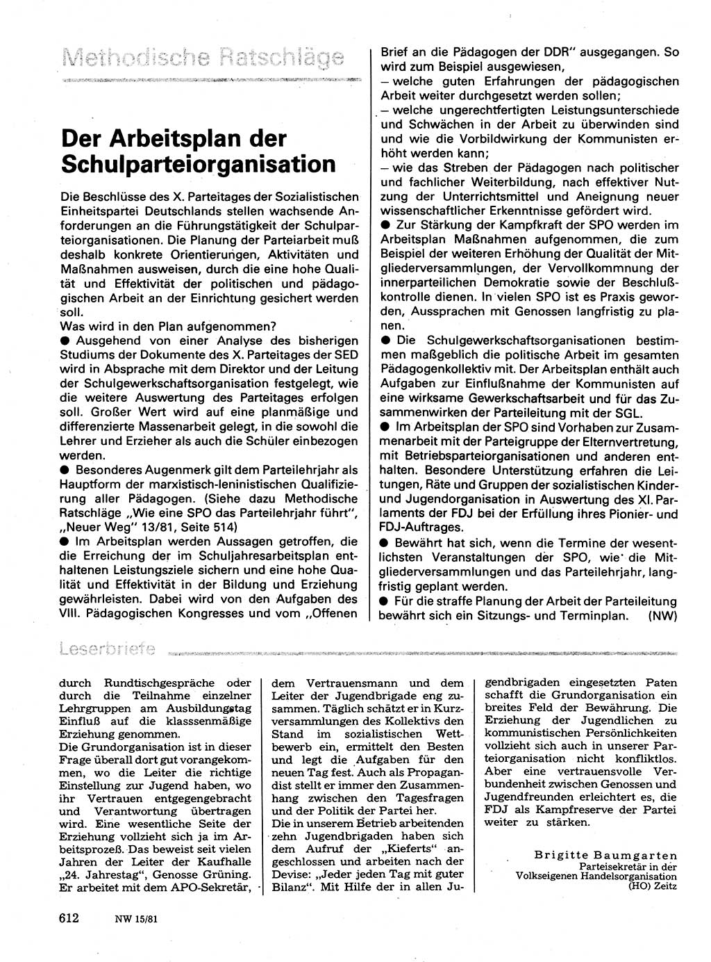 Neuer Weg (NW), Organ des Zentralkomitees (ZK) der SED (Sozialistische Einheitspartei Deutschlands) für Fragen des Parteilebens, 36. Jahrgang [Deutsche Demokratische Republik (DDR)] 1981, Seite 612 (NW ZK SED DDR 1981, S. 612)