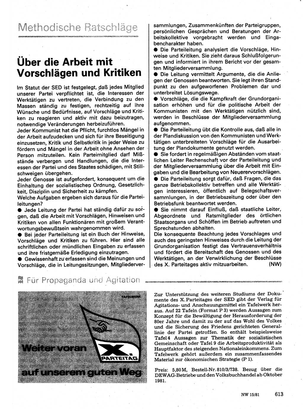 Neuer Weg (NW), Organ des Zentralkomitees (ZK) der SED (Sozialistische Einheitspartei Deutschlands) für Fragen des Parteilebens, 36. Jahrgang [Deutsche Demokratische Republik (DDR)] 1981, Seite 613 (NW ZK SED DDR 1981, S. 613)