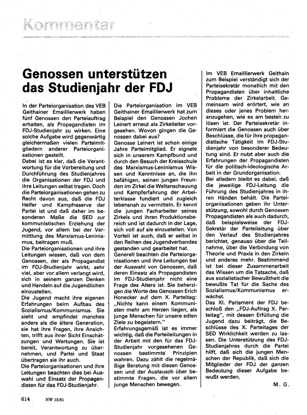 Neuer Weg (NW), Organ des Zentralkomitees (ZK) der SED (Sozialistische Einheitspartei Deutschlands) für Fragen des Parteilebens, 36. Jahrgang [Deutsche Demokratische Republik (DDR)] 1981, Seite 614 (NW ZK SED DDR 1981, S. 614)