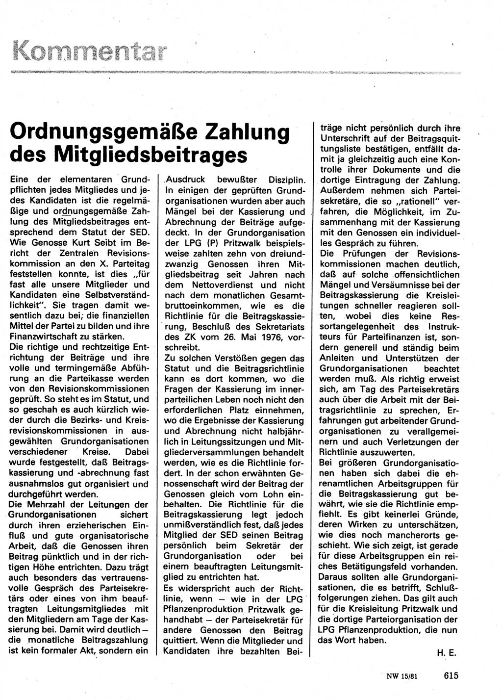 Neuer Weg (NW), Organ des Zentralkomitees (ZK) der SED (Sozialistische Einheitspartei Deutschlands) für Fragen des Parteilebens, 36. Jahrgang [Deutsche Demokratische Republik (DDR)] 1981, Seite 615 (NW ZK SED DDR 1981, S. 615)