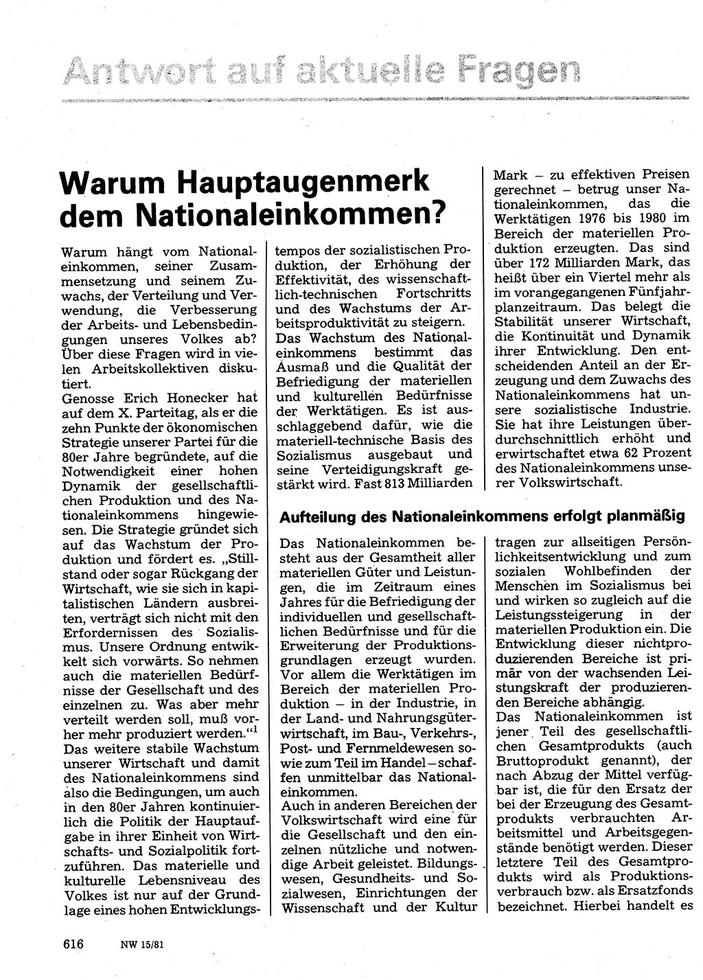 Neuer Weg (NW), Organ des Zentralkomitees (ZK) der SED (Sozialistische Einheitspartei Deutschlands) für Fragen des Parteilebens, 36. Jahrgang [Deutsche Demokratische Republik (DDR)] 1981, Seite 616 (NW ZK SED DDR 1981, S. 616)