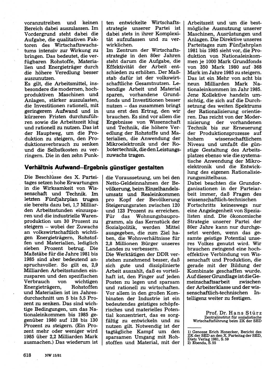 Neuer Weg (NW), Organ des Zentralkomitees (ZK) der SED (Sozialistische Einheitspartei Deutschlands) für Fragen des Parteilebens, 36. Jahrgang [Deutsche Demokratische Republik (DDR)] 1981, Seite 618 (NW ZK SED DDR 1981, S. 618)