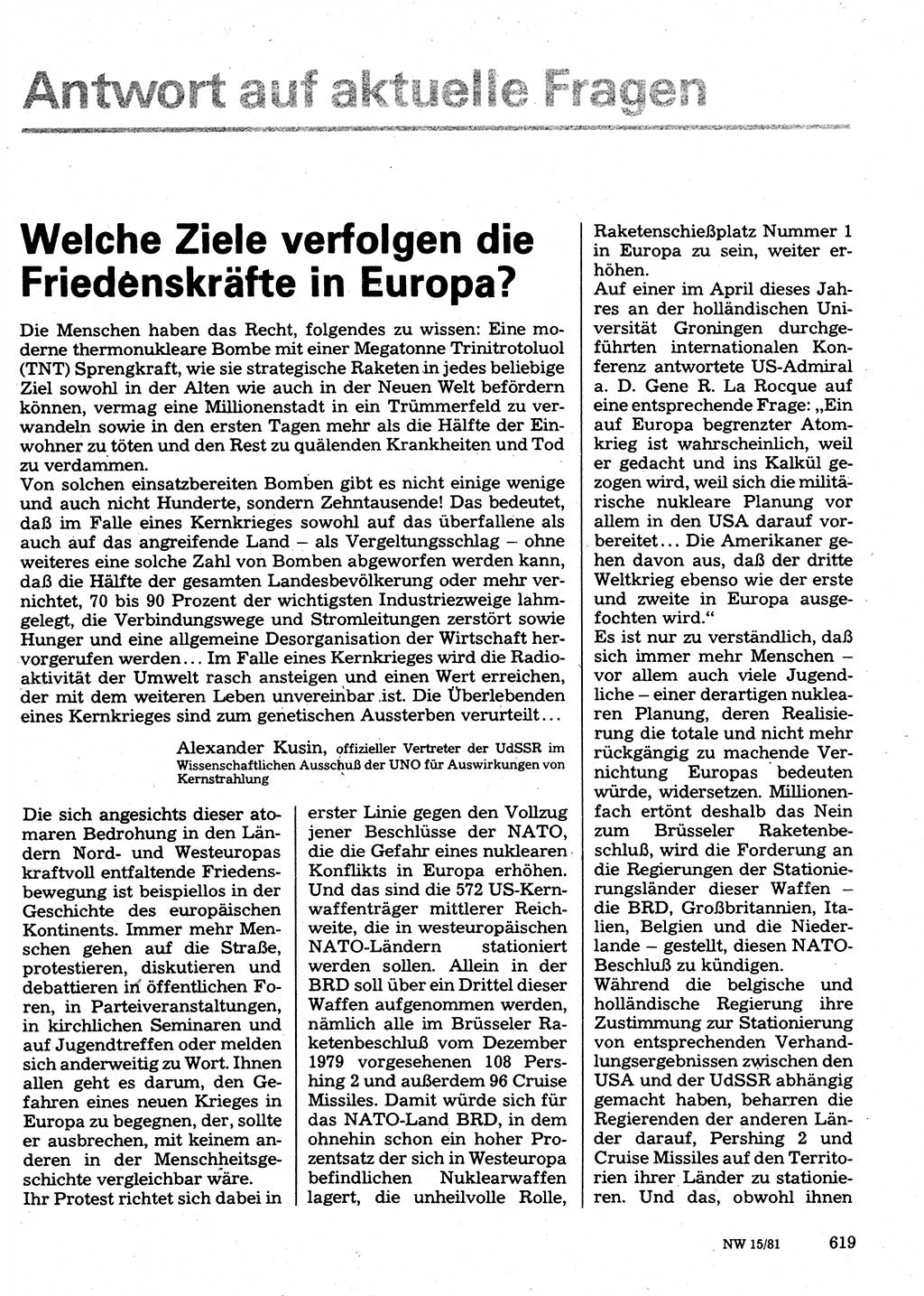 Neuer Weg (NW), Organ des Zentralkomitees (ZK) der SED (Sozialistische Einheitspartei Deutschlands) für Fragen des Parteilebens, 36. Jahrgang [Deutsche Demokratische Republik (DDR)] 1981, Seite 619 (NW ZK SED DDR 1981, S. 619)