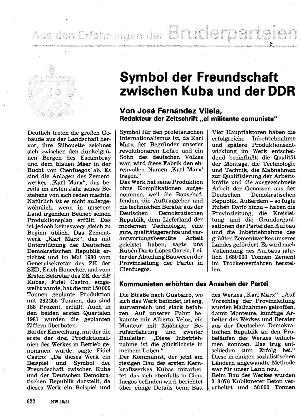 Neuer Weg (NW), Organ des Zentralkomitees (ZK) der SED (Sozialistische Einheitspartei Deutschlands) für Fragen des Parteilebens, 36. Jahrgang [Deutsche Demokratische Republik (DDR)] 1981, Seite 622 (NW ZK SED DDR 1981, S. 622)