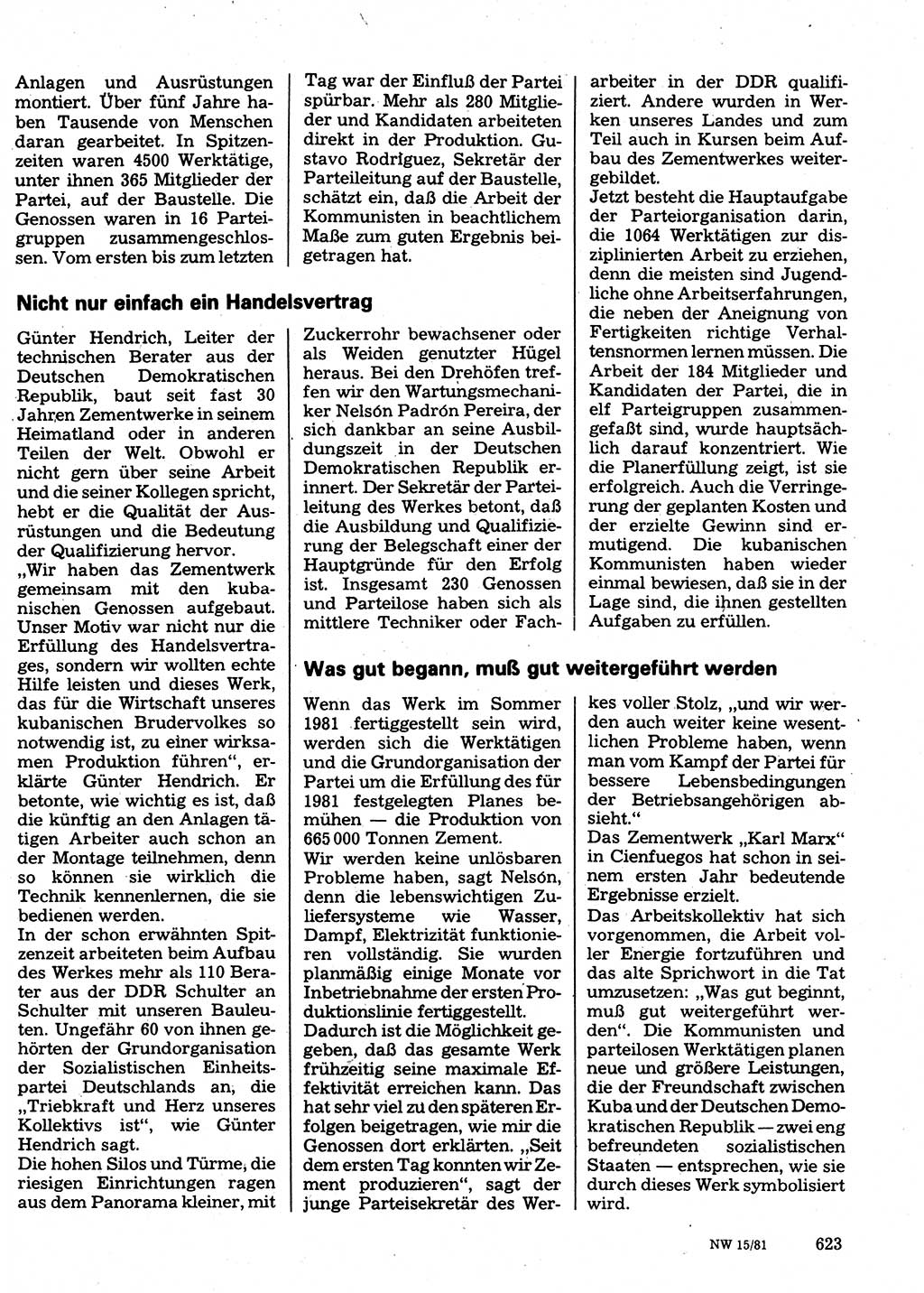 Neuer Weg (NW), Organ des Zentralkomitees (ZK) der SED (Sozialistische Einheitspartei Deutschlands) für Fragen des Parteilebens, 36. Jahrgang [Deutsche Demokratische Republik (DDR)] 1981, Seite 623 (NW ZK SED DDR 1981, S. 623)