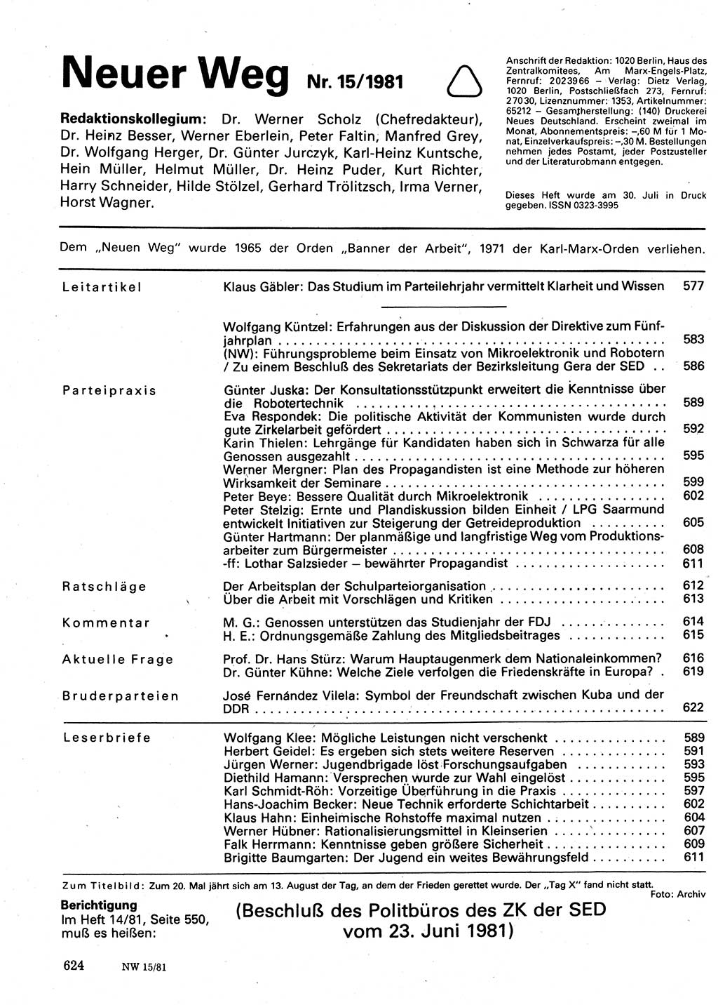 Neuer Weg (NW), Organ des Zentralkomitees (ZK) der SED (Sozialistische Einheitspartei Deutschlands) für Fragen des Parteilebens, 36. Jahrgang [Deutsche Demokratische Republik (DDR)] 1981, Seite 624 (NW ZK SED DDR 1981, S. 624)