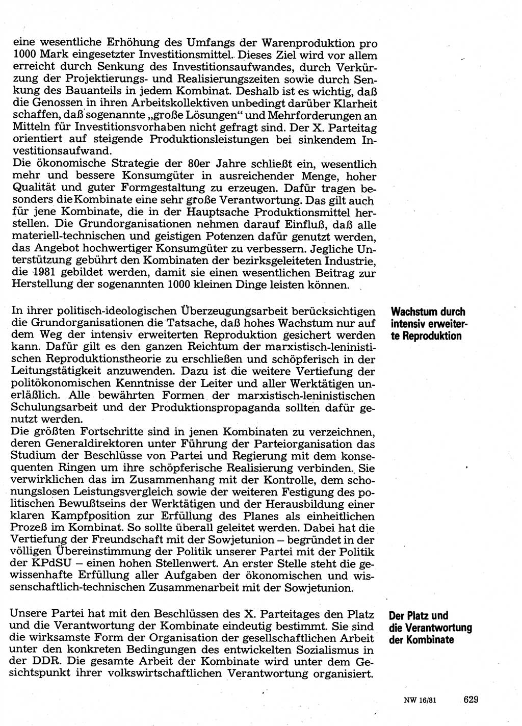 Neuer Weg (NW), Organ des Zentralkomitees (ZK) der SED (Sozialistische Einheitspartei Deutschlands) für Fragen des Parteilebens, 36. Jahrgang [Deutsche Demokratische Republik (DDR)] 1981, Seite 629 (NW ZK SED DDR 1981, S. 629)