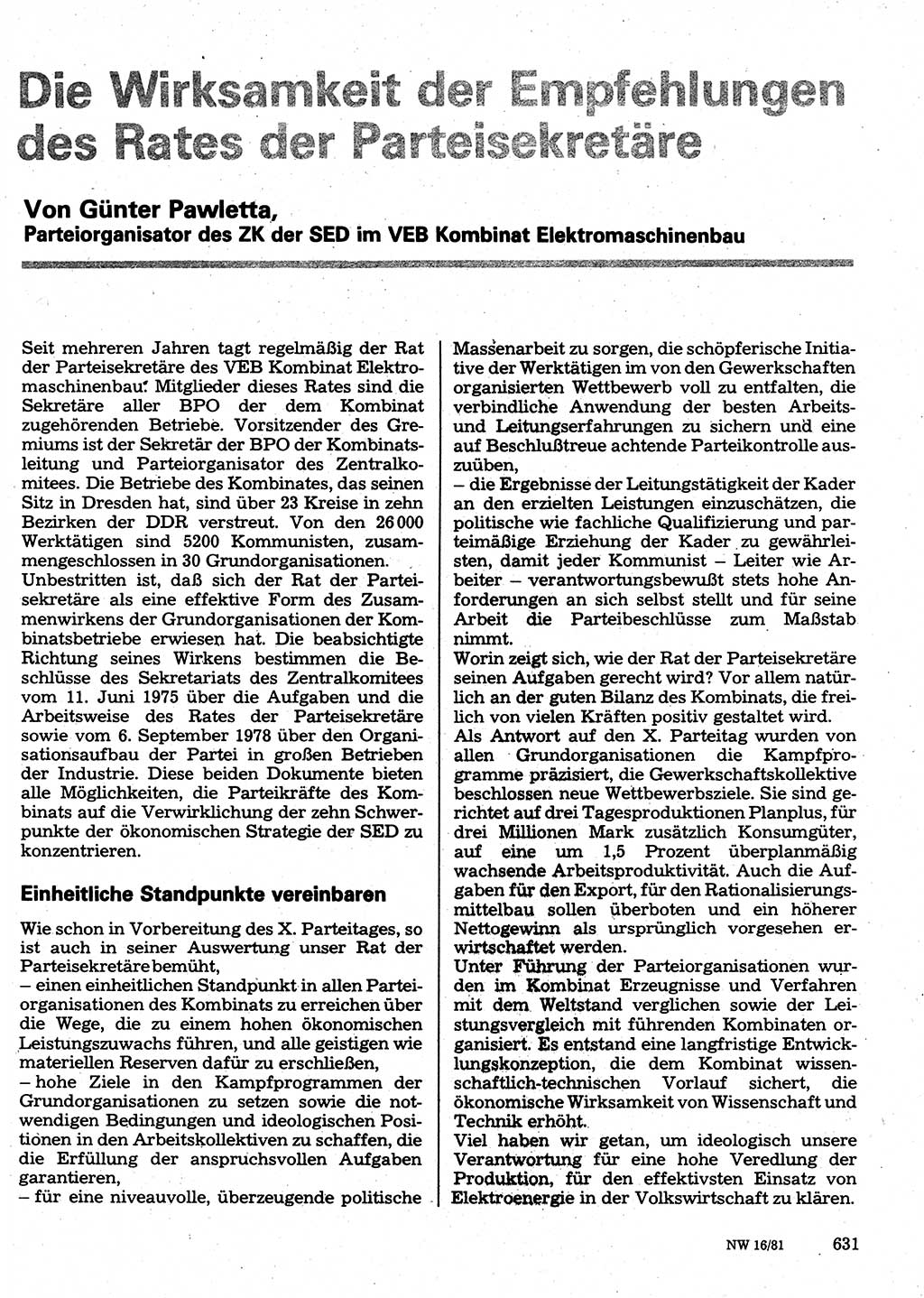Neuer Weg (NW), Organ des Zentralkomitees (ZK) der SED (Sozialistische Einheitspartei Deutschlands) für Fragen des Parteilebens, 36. Jahrgang [Deutsche Demokratische Republik (DDR)] 1981, Seite 631 (NW ZK SED DDR 1981, S. 631)
