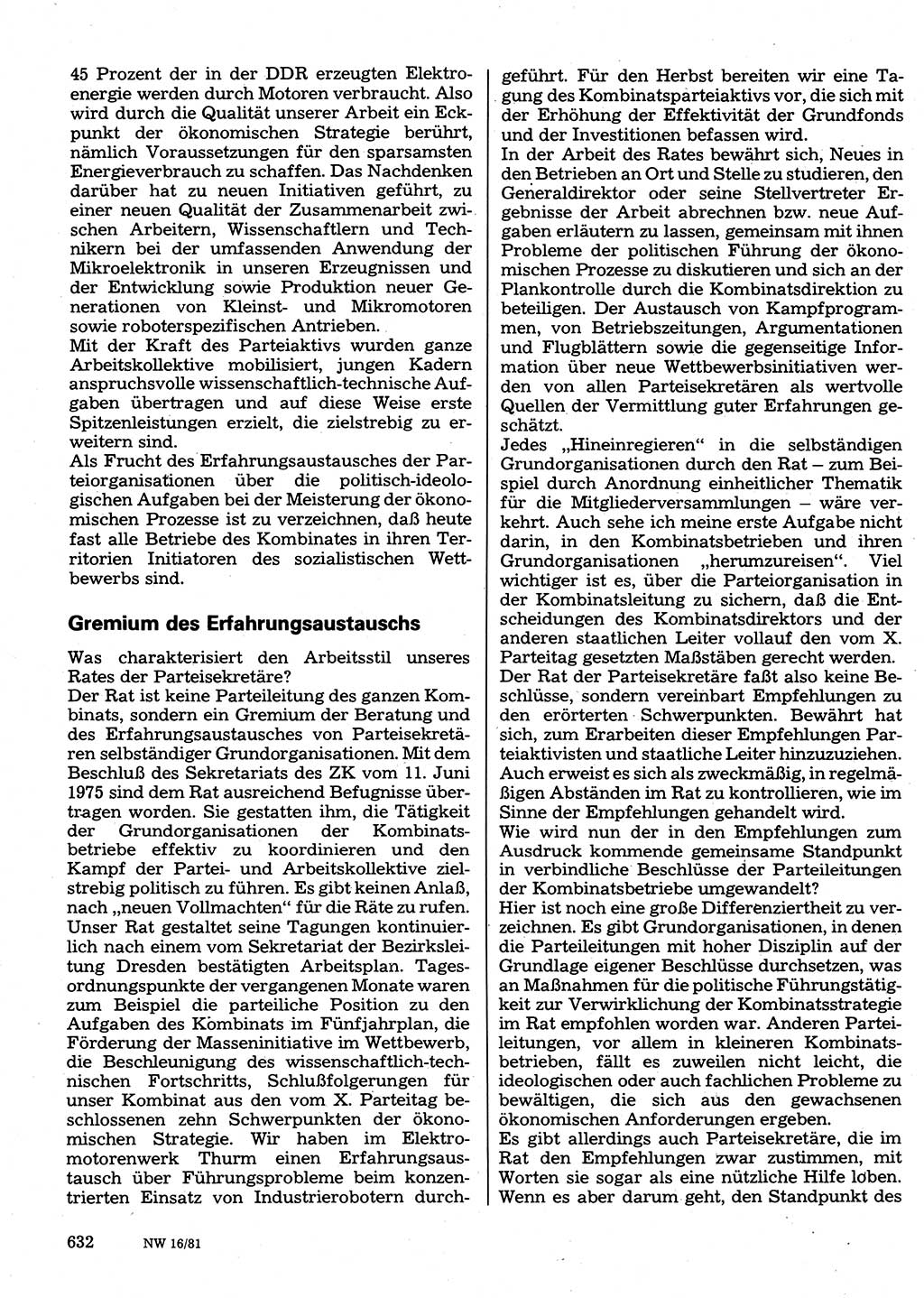 Neuer Weg (NW), Organ des Zentralkomitees (ZK) der SED (Sozialistische Einheitspartei Deutschlands) für Fragen des Parteilebens, 36. Jahrgang [Deutsche Demokratische Republik (DDR)] 1981, Seite 632 (NW ZK SED DDR 1981, S. 632)