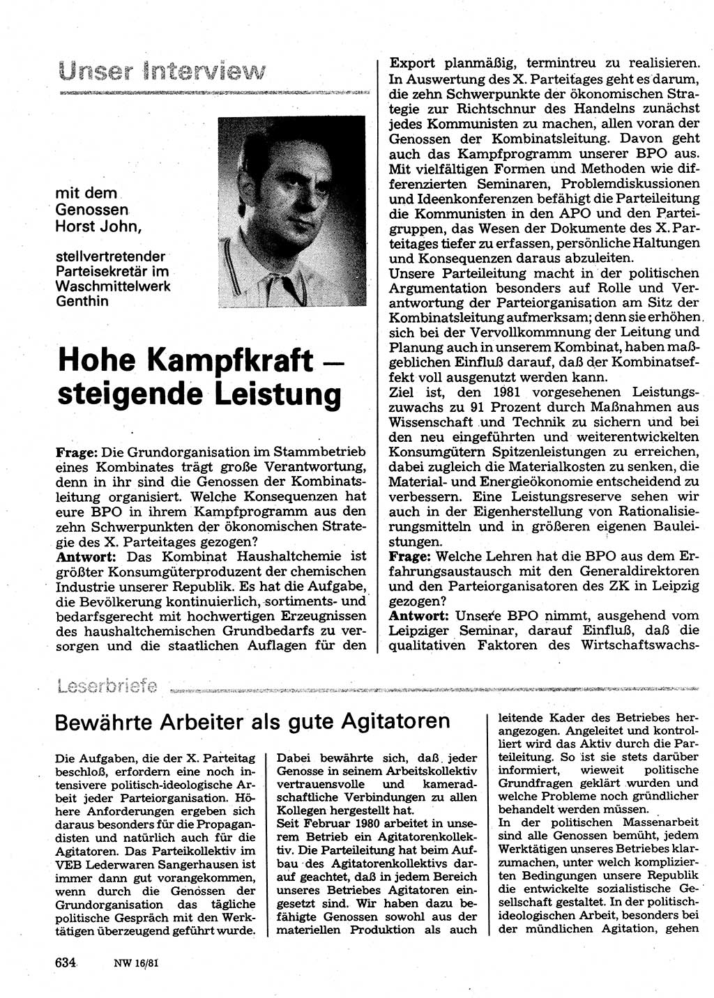 Neuer Weg (NW), Organ des Zentralkomitees (ZK) der SED (Sozialistische Einheitspartei Deutschlands) für Fragen des Parteilebens, 36. Jahrgang [Deutsche Demokratische Republik (DDR)] 1981, Seite 634 (NW ZK SED DDR 1981, S. 634)