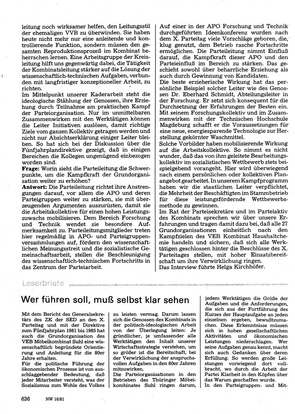 Neuer Weg (NW), Organ des Zentralkomitees (ZK) der SED (Sozialistische Einheitspartei Deutschlands) für Fragen des Parteilebens, 36. Jahrgang [Deutsche Demokratische Republik (DDR)] 1981, Seite 636 (NW ZK SED DDR 1981, S. 636)
