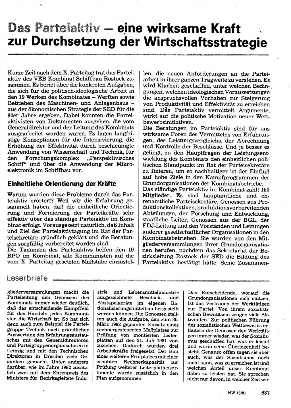 Neuer Weg (NW), Organ des Zentralkomitees (ZK) der SED (Sozialistische Einheitspartei Deutschlands) für Fragen des Parteilebens, 36. Jahrgang [Deutsche Demokratische Republik (DDR)] 1981, Seite 637 (NW ZK SED DDR 1981, S. 637)