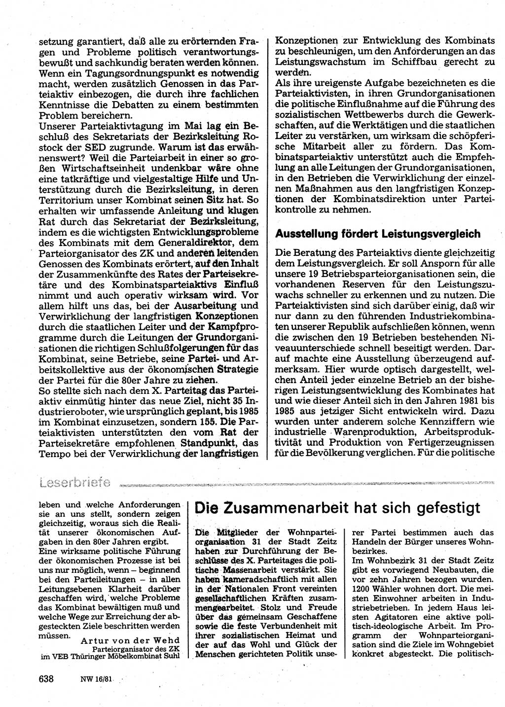 Neuer Weg (NW), Organ des Zentralkomitees (ZK) der SED (Sozialistische Einheitspartei Deutschlands) für Fragen des Parteilebens, 36. Jahrgang [Deutsche Demokratische Republik (DDR)] 1981, Seite 638 (NW ZK SED DDR 1981, S. 638)