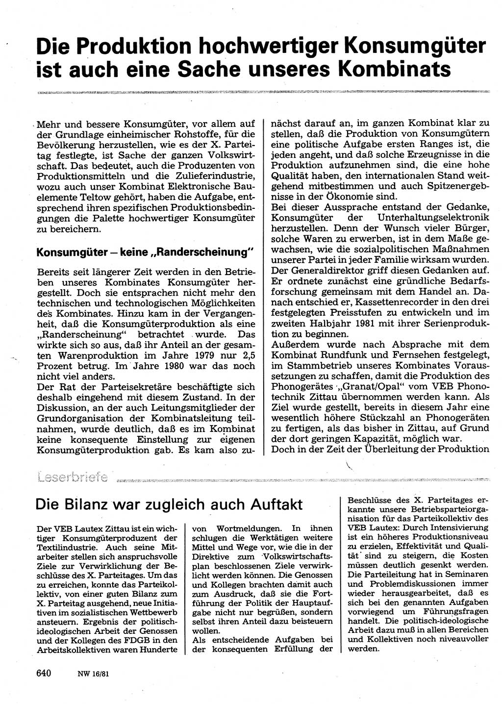 Neuer Weg (NW), Organ des Zentralkomitees (ZK) der SED (Sozialistische Einheitspartei Deutschlands) für Fragen des Parteilebens, 36. Jahrgang [Deutsche Demokratische Republik (DDR)] 1981, Seite 640 (NW ZK SED DDR 1981, S. 640)