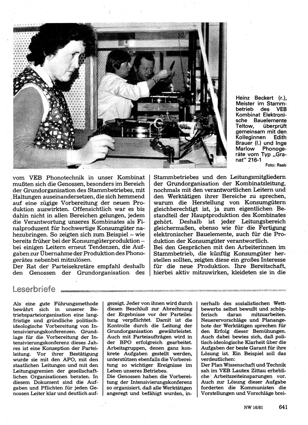 Neuer Weg (NW), Organ des Zentralkomitees (ZK) der SED (Sozialistische Einheitspartei Deutschlands) für Fragen des Parteilebens, 36. Jahrgang [Deutsche Demokratische Republik (DDR)] 1981, Seite 641 (NW ZK SED DDR 1981, S. 641)