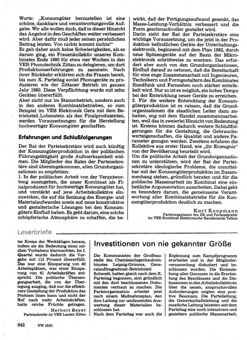 Neuer Weg (NW), Organ des Zentralkomitees (ZK) der SED (Sozialistische Einheitspartei Deutschlands) für Fragen des Parteilebens, 36. Jahrgang [Deutsche Demokratische Republik (DDR)] 1981, Seite 642 (NW ZK SED DDR 1981, S. 642)