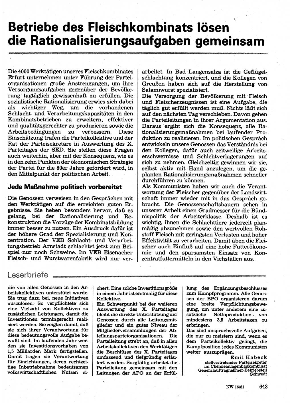 Neuer Weg (NW), Organ des Zentralkomitees (ZK) der SED (Sozialistische Einheitspartei Deutschlands) für Fragen des Parteilebens, 36. Jahrgang [Deutsche Demokratische Republik (DDR)] 1981, Seite 643 (NW ZK SED DDR 1981, S. 643)