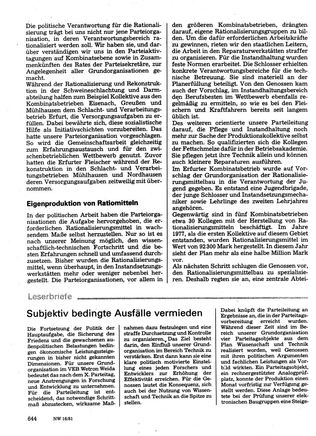 Neuer Weg (NW), Organ des Zentralkomitees (ZK) der SED (Sozialistische Einheitspartei Deutschlands) für Fragen des Parteilebens, 36. Jahrgang [Deutsche Demokratische Republik (DDR)] 1981, Seite 644 (NW ZK SED DDR 1981, S. 644)