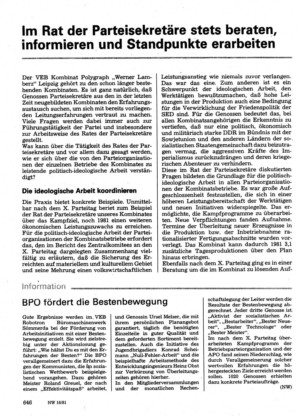 Neuer Weg (NW), Organ des Zentralkomitees (ZK) der SED (Sozialistische Einheitspartei Deutschlands) für Fragen des Parteilebens, 36. Jahrgang [Deutsche Demokratische Republik (DDR)] 1981, Seite 646 (NW ZK SED DDR 1981, S. 646)